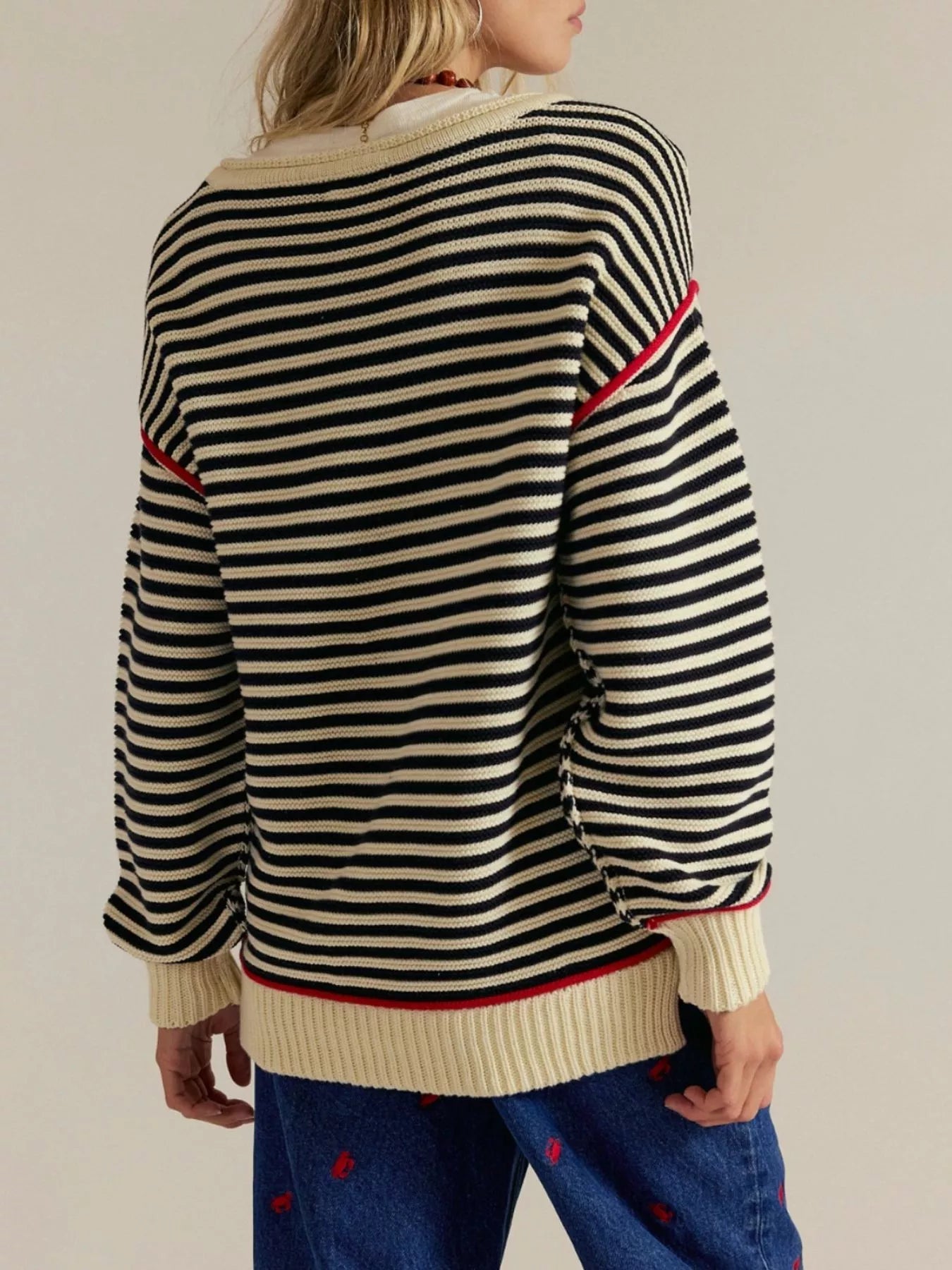 Striped Round Neck Long Sleeve Sweater -  Be Bliss Boutique