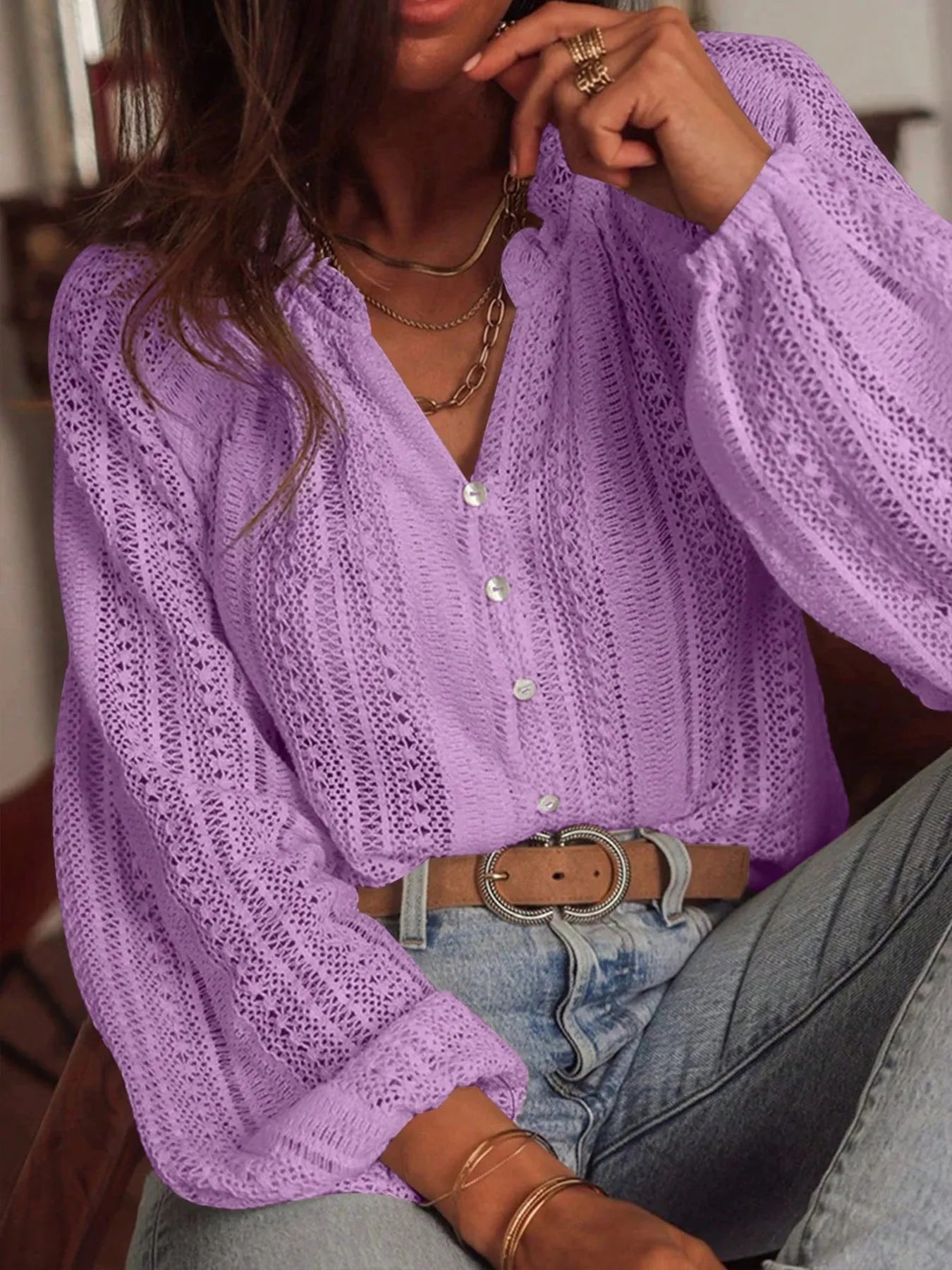 Crochet Notched Button-Front Shirt -  Be Bliss Boutique