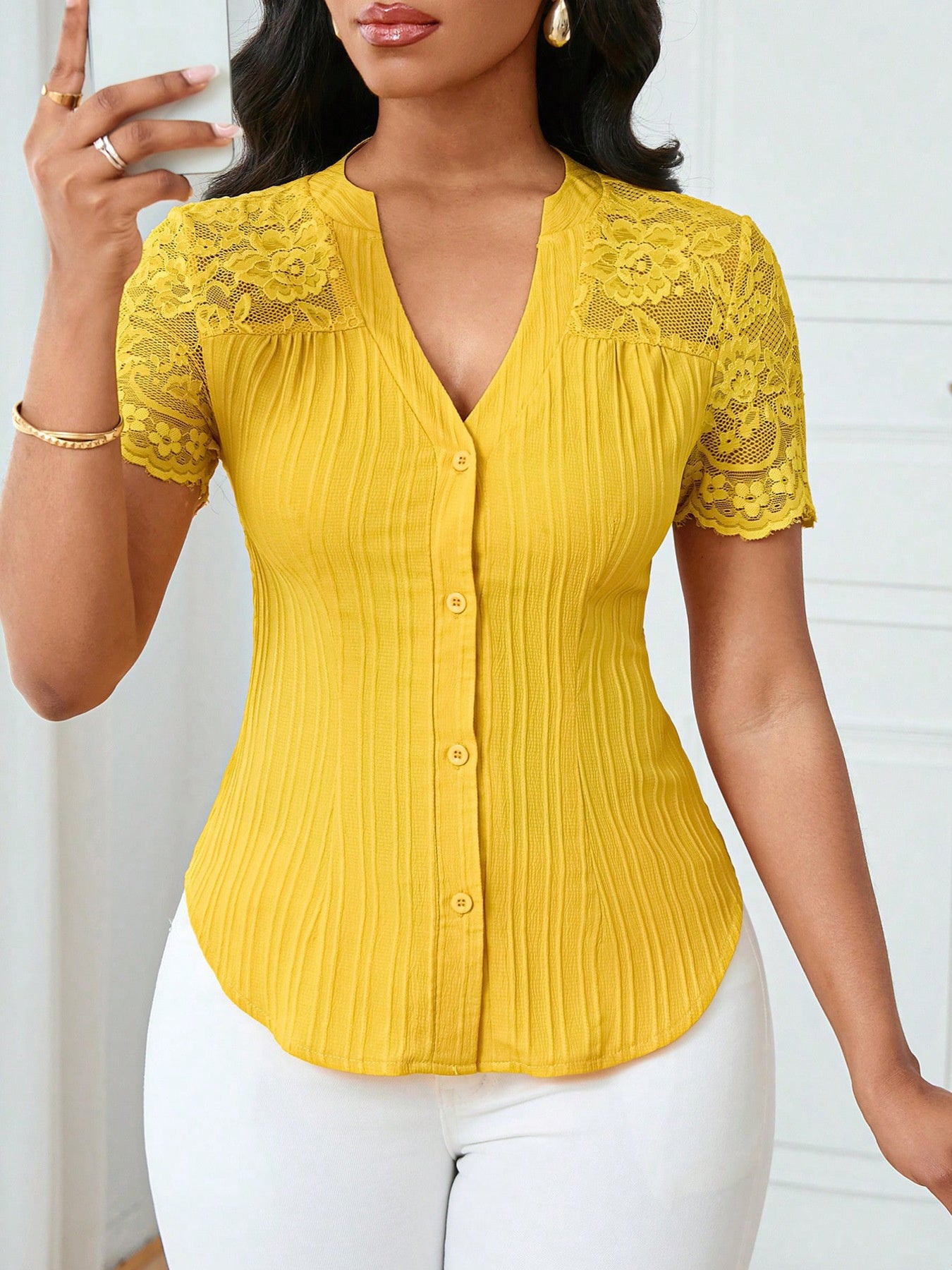 Button Up Lace Sleeve Blouse - Be Bliss Boutique