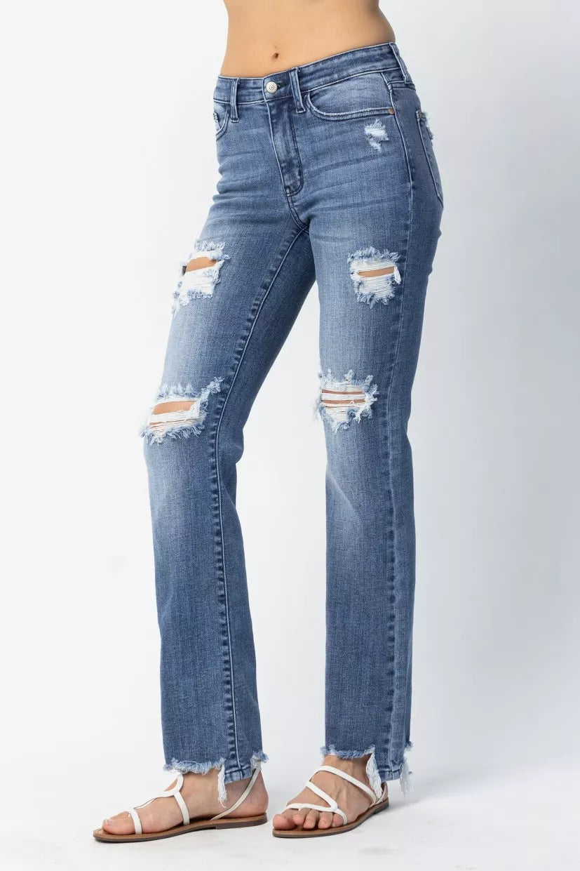 Judy Blue Full Size Mid Rise Destroy Straight Jeans Plus Size - Be Bliss Boutique