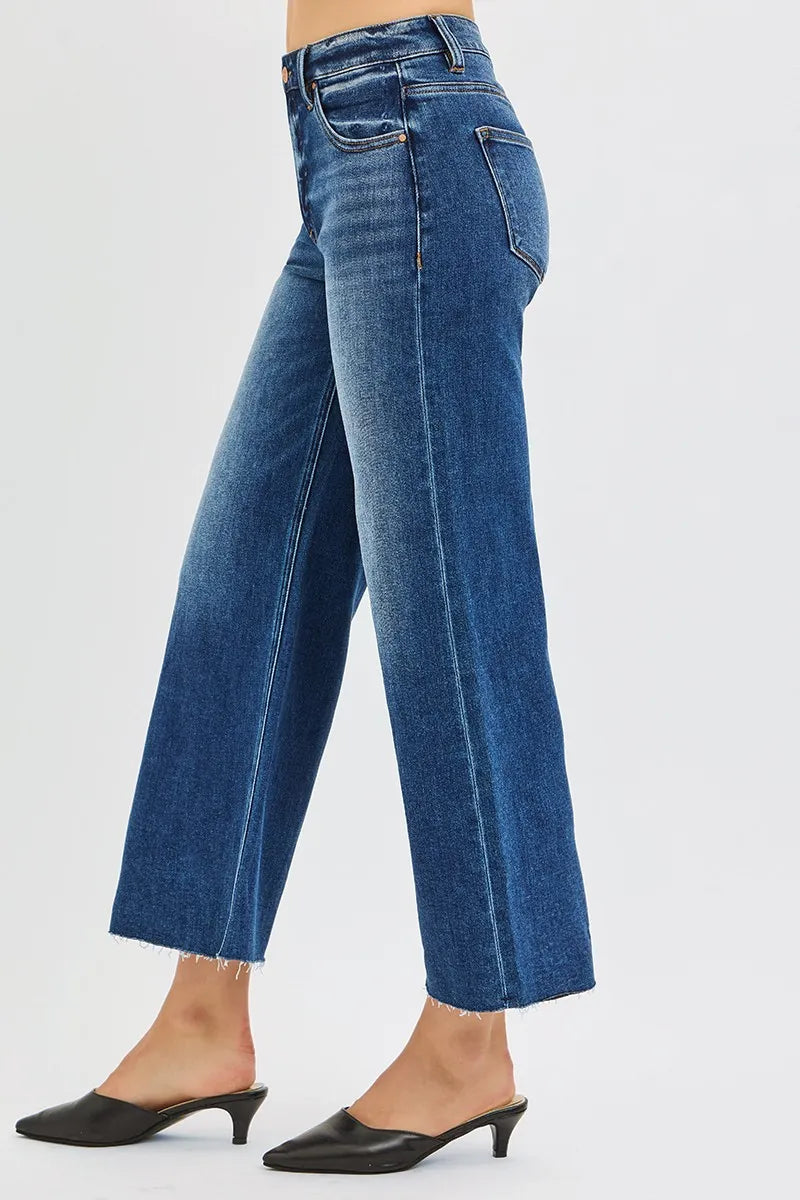 RISEN Full Size Mid Rise Crop Wide Raw Cut Hem Jeans Plus Size -  Be Bliss Boutique