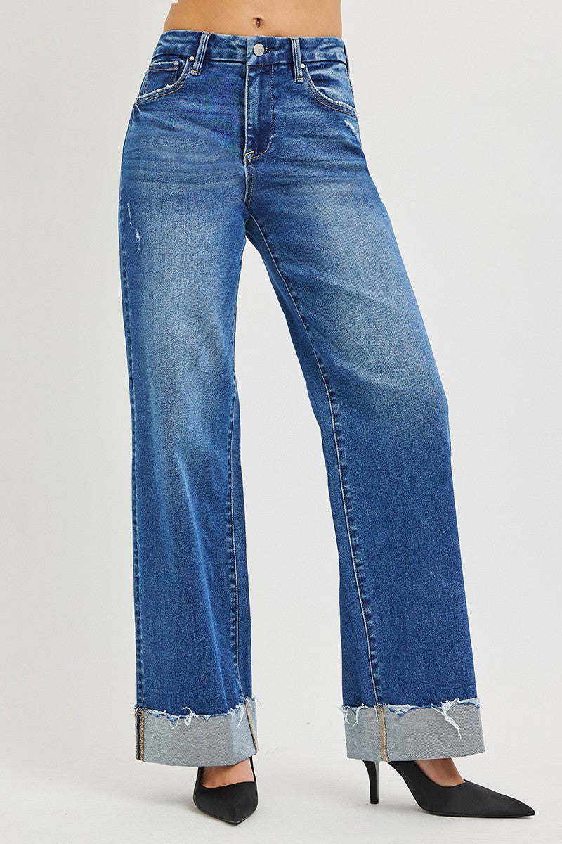 RISEN High Rise Wide Leg Jeans with Cuffed Hem - Be Bliss Boutique