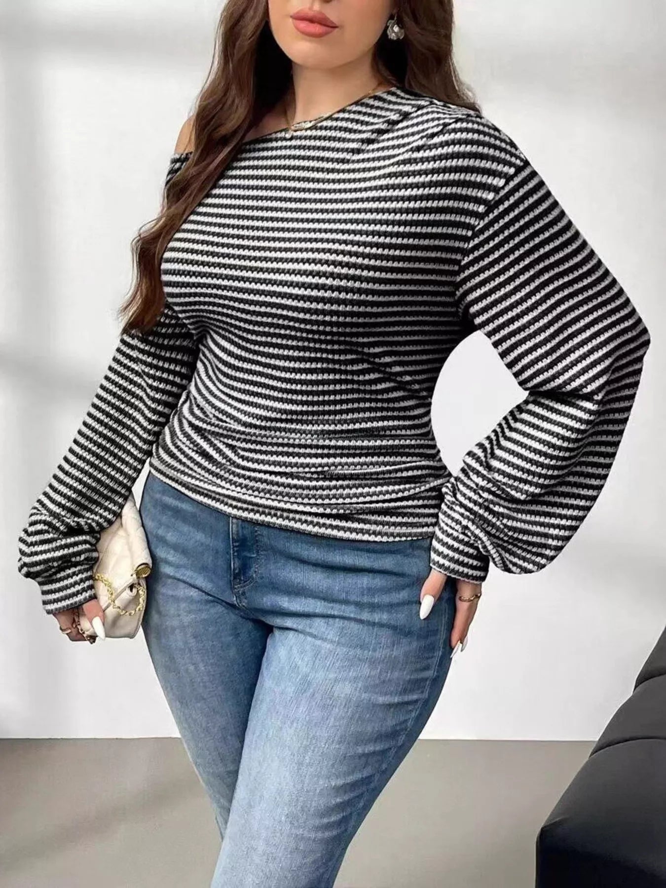 Striped One-Shoulder Plus Size Long Sleeve T Shirt - Be Bliss Boutique
