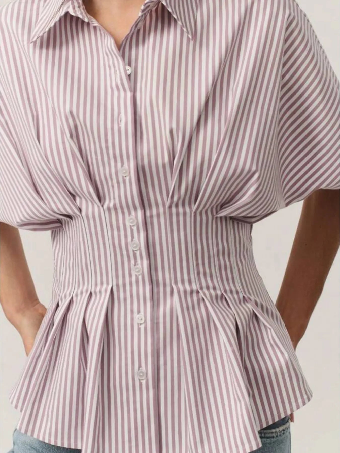 Pinstripe Puff Sleeve Cinched Waist Button Up Shirt -  Be Bliss Boutique