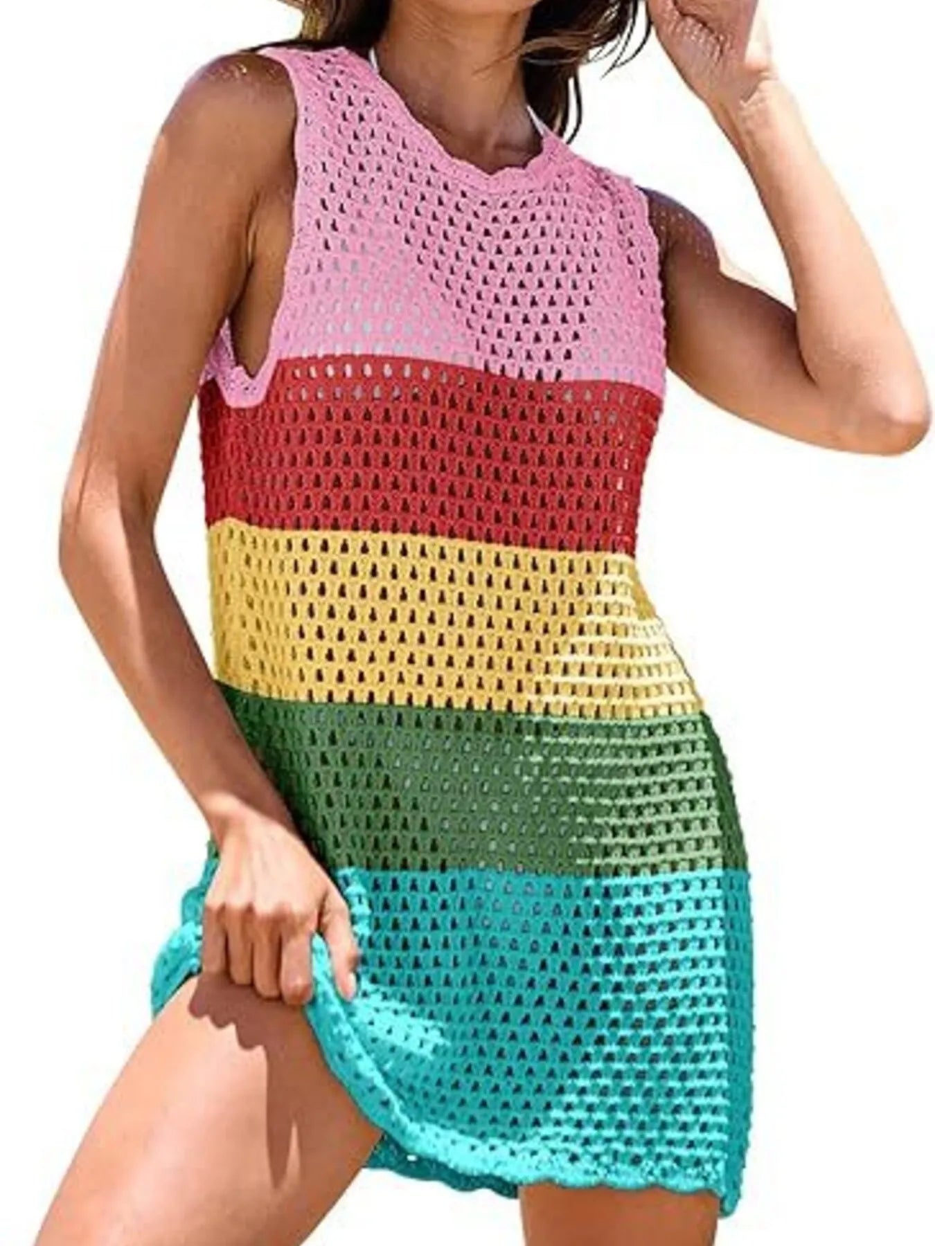 Color Block Openwork Cutout Back Sleeveless Cover Up - Be Bliss Boutique