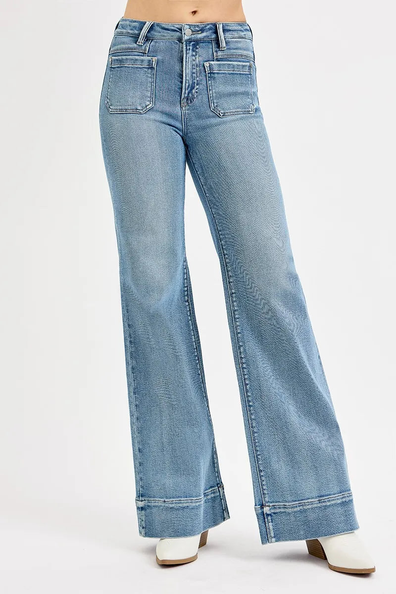 High Rise Wide Flare Patch Pocket RISEN Jeans – Full Size 