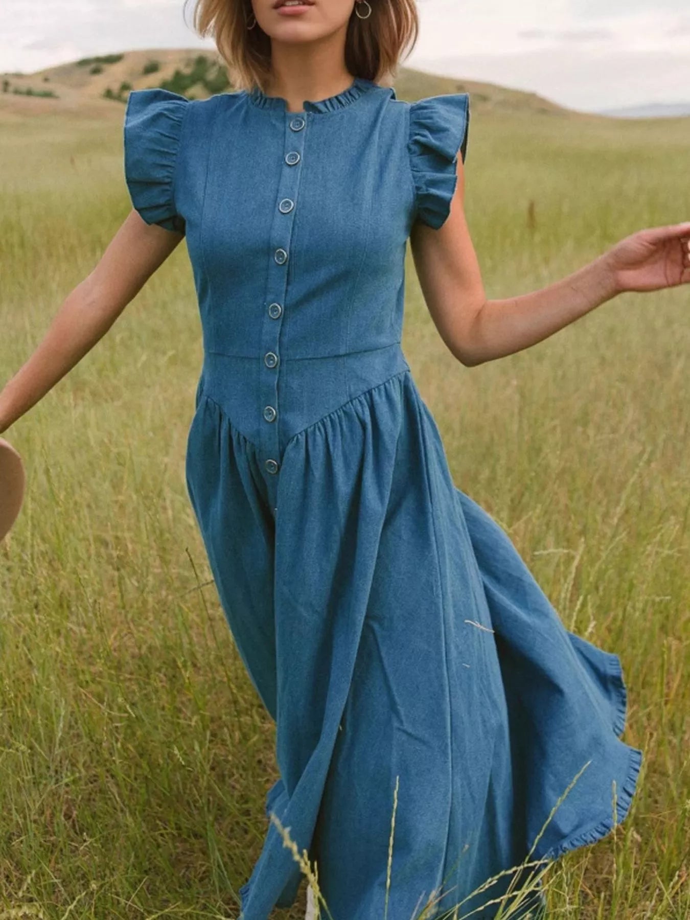 Ruffled Cap Sleeve Denim Dress - Be Bliss Boutique