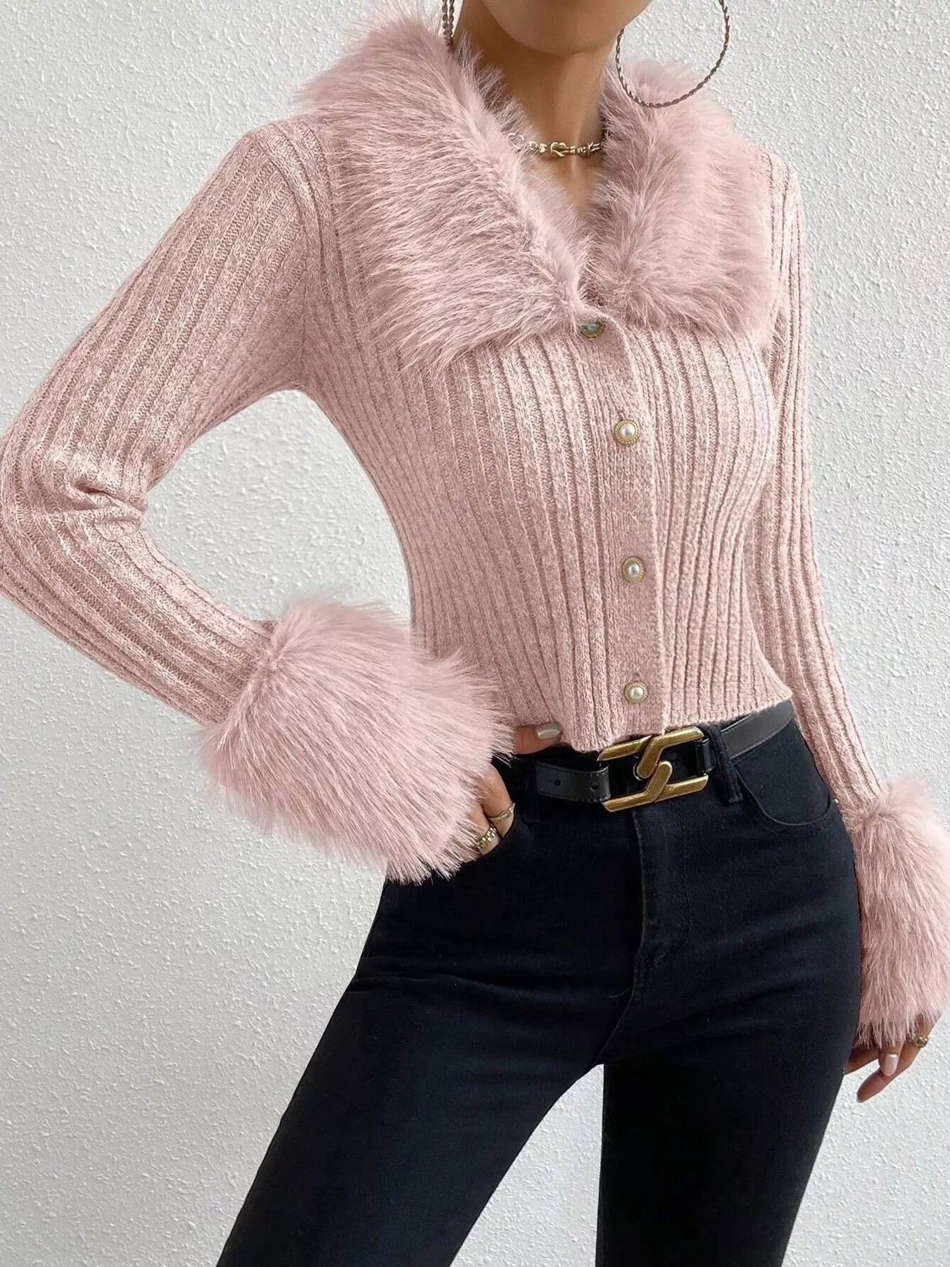 Faux Fur Trim Ribbed Knit Cropped Cardigan - Be Bliss Boutique