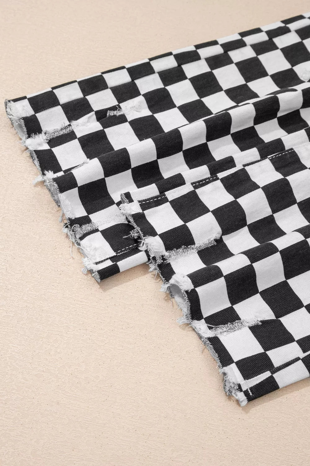 Checkerboard Print Distressed Holes Raw Edge Cropped Jeans - Be Bliss Boutique