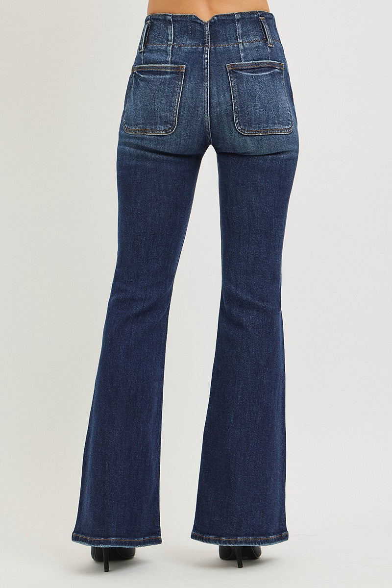 RISEN High Rise Flare Jeans with Seam Detail Waistband - Be Bliss Boutique