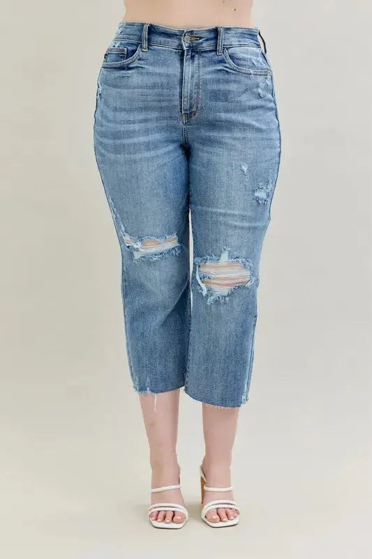 Judy Blue Full/Plus Size High Waist Destroy Crop Wide Leg Jeans |  Be Bliss Boutique
