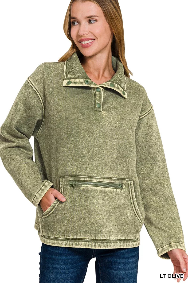 Zenana Fleece Washed High Neck Kangaroo Pocket Sweatshirt - Be Bliss Boutique