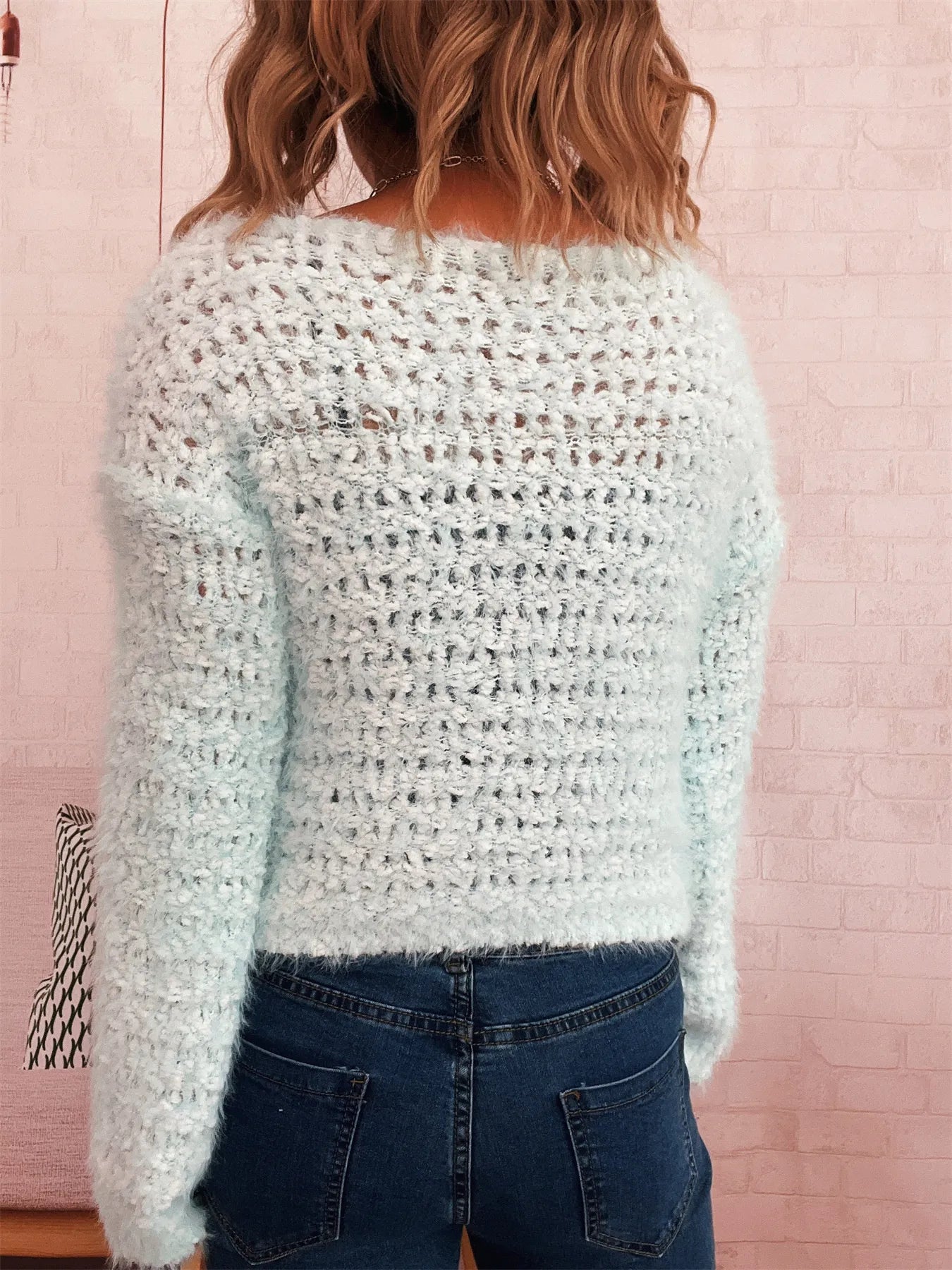 Crochet Dropped Shoulder Round Neck Sweater -  Be Bliss Boutique