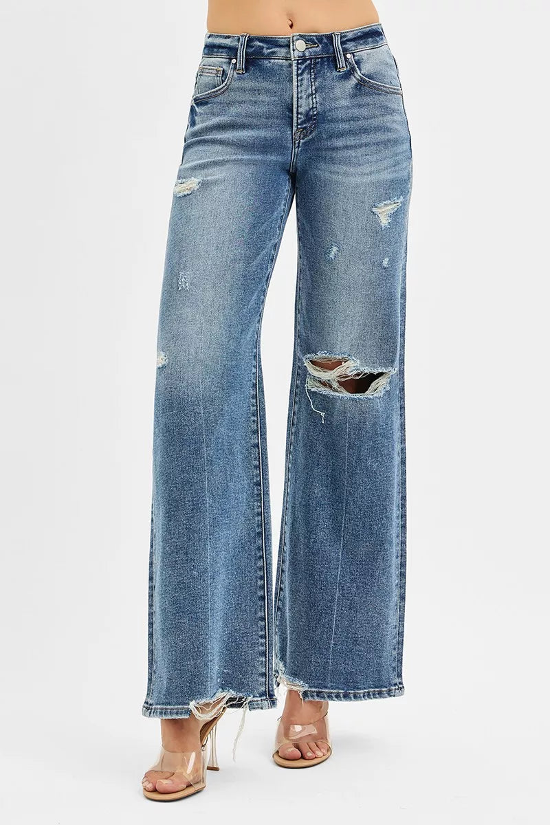 RISEN Tummy Control Mid Rise Fit Wide Jeans - Be Bliss Boutique