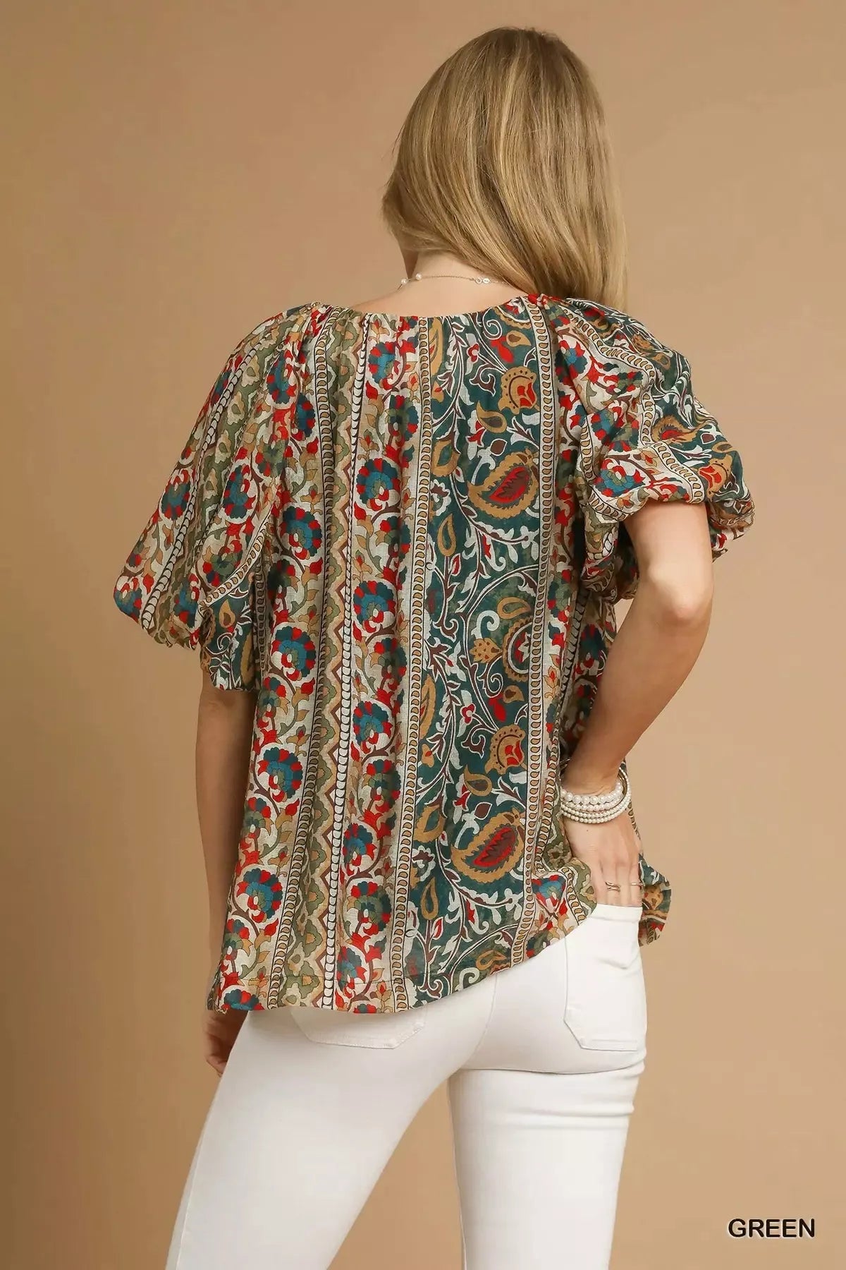 Umgee Boho Floral Stripe Puff Sleeve Blouse -  Be Bliss Boutique