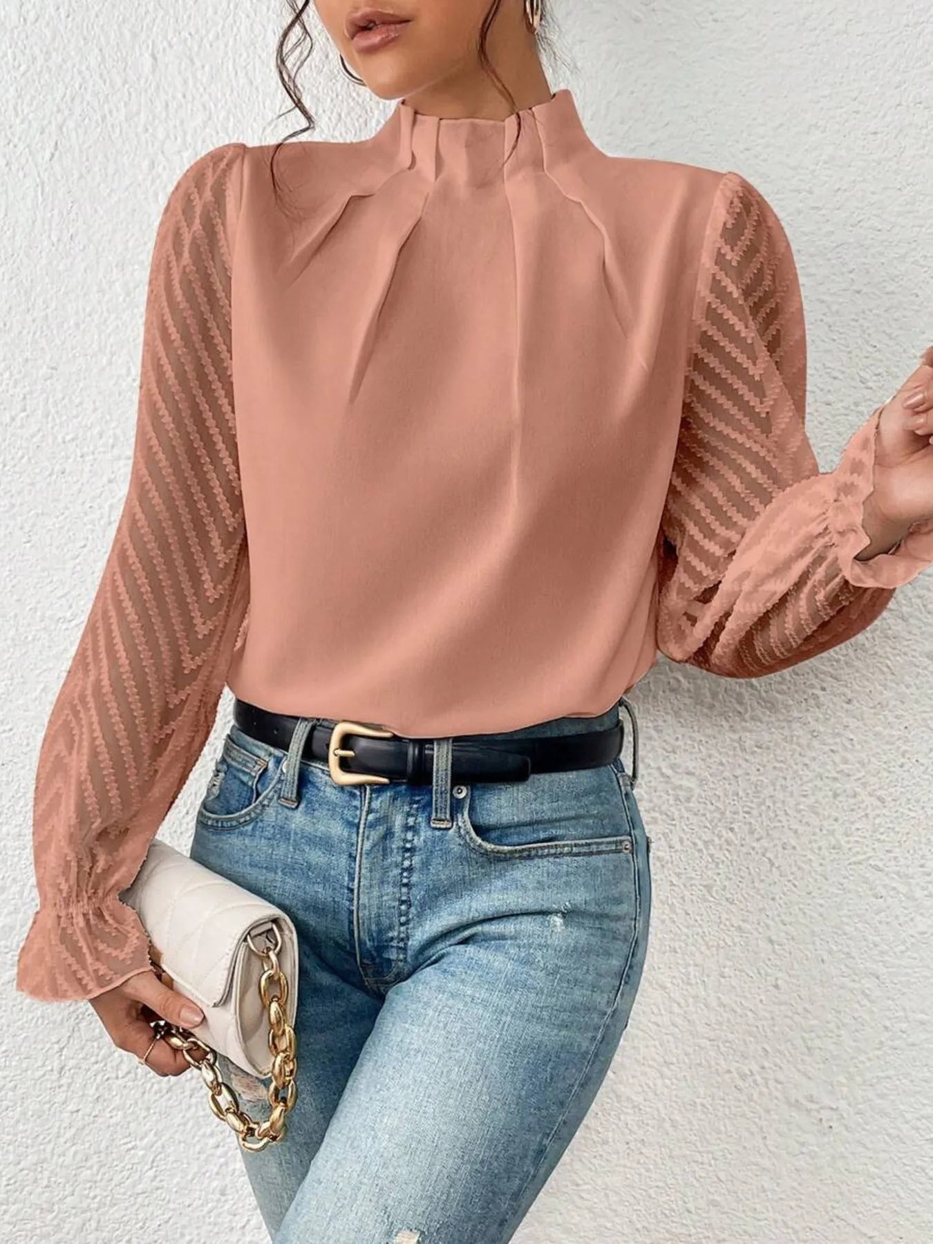 Mock Neck Flounce Sleeve Blouse -  Be Bliss Boutique
