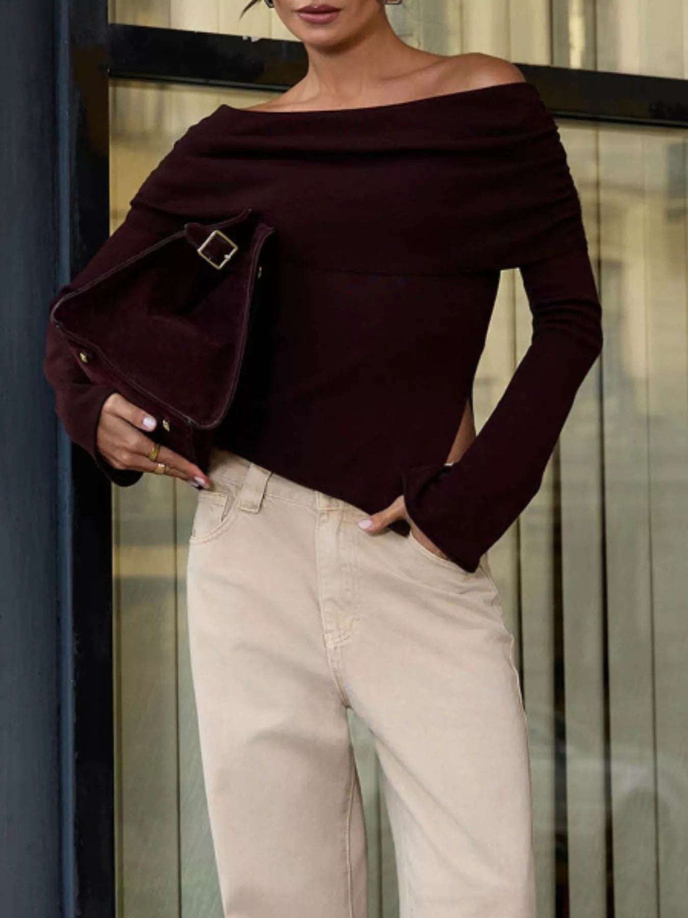 Asymmetrical Hem Off-Shoulder Long Sleeve Knit Top - Be Bliss Boutique