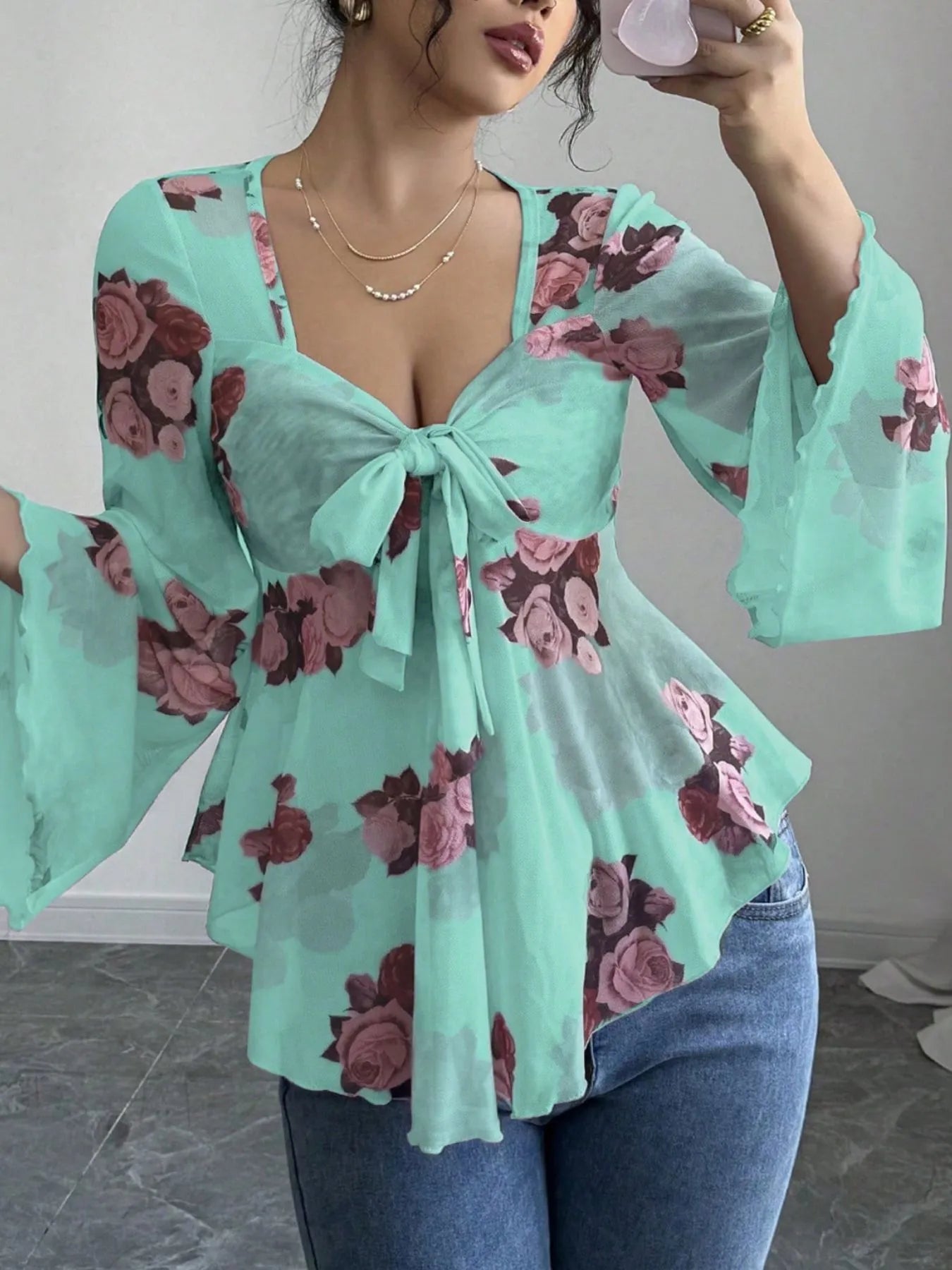 Floral Tie Front Flare Sleeve Blouse -  Be Bliss Boutique