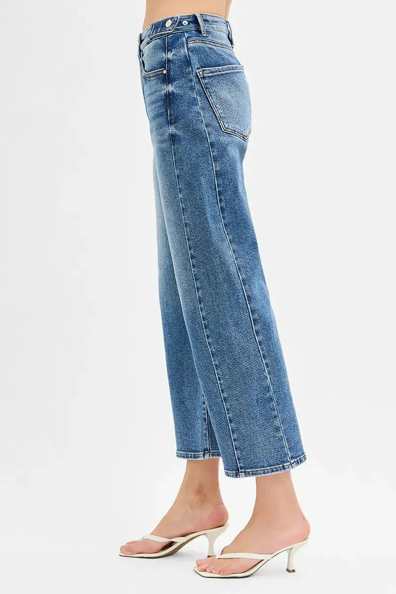 RISEN High Rise Crop Length Barrel Adjustable Waist Band Jeans |  Be Bliss Boutique