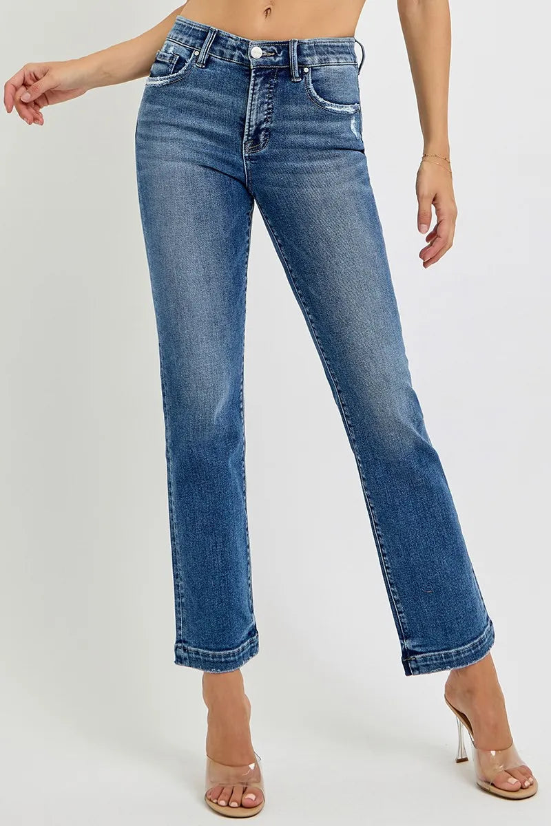 RISEN Full Size Tummy Control Elastic Band Mid Rise Straight Jeans Plus Size -  Be Bliss Boutique
