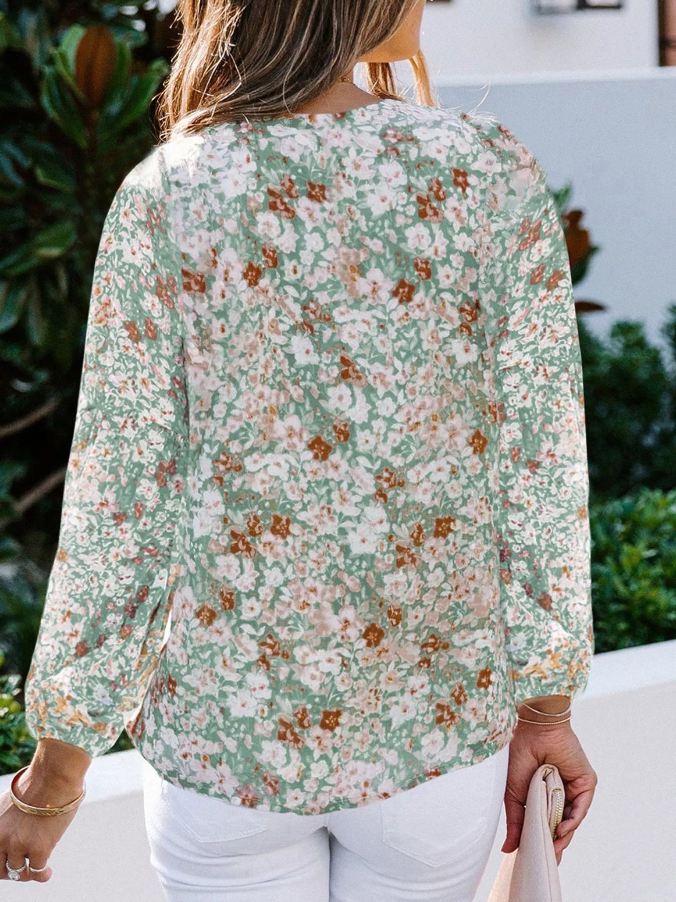 Full Size Floral Print V Neck Long Sleeve Blouse - Be Bliss Boutique
