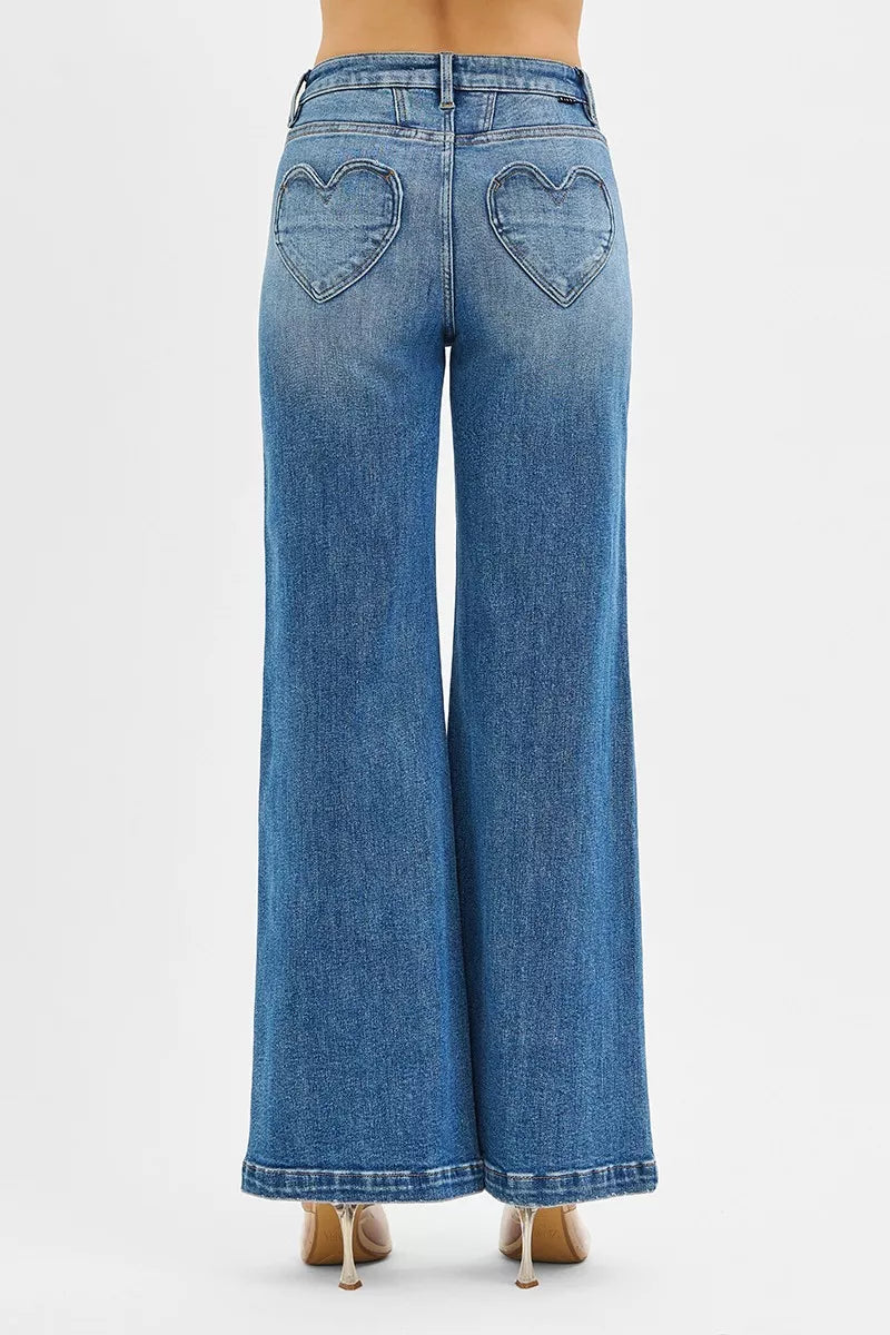 RISEN High Rise Wide Leg Jenas with Front Yoke and Heart Back Pocket - Be Bliss Boutique