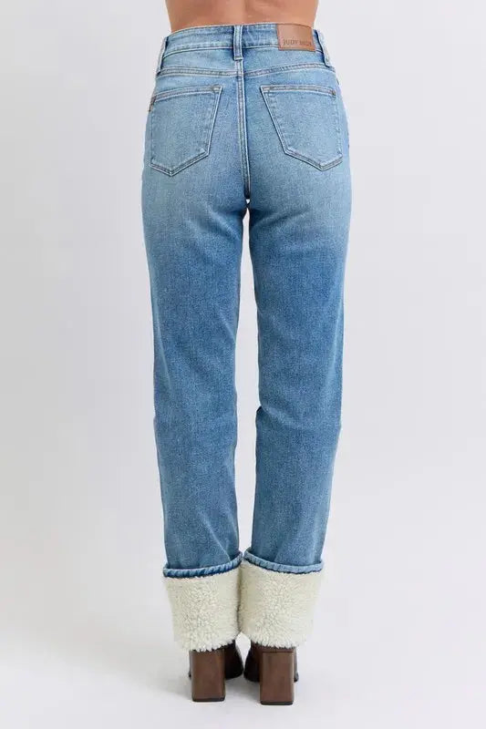 Judy Blue Full Size/Plus Size High Waist Shearling Cuff Straight Leg Jeans |  Be Bliss Boutique