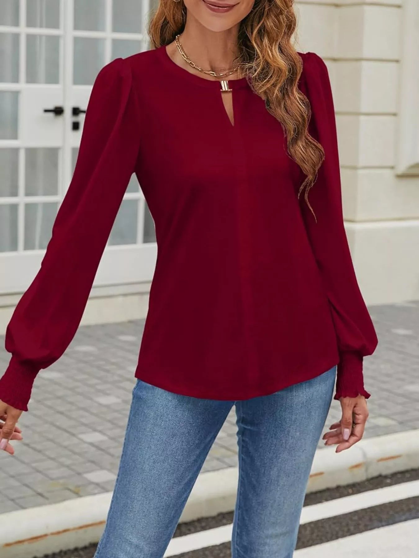 Long Sleeve Keyhole Neck Blouse - Be Bliss Boutique