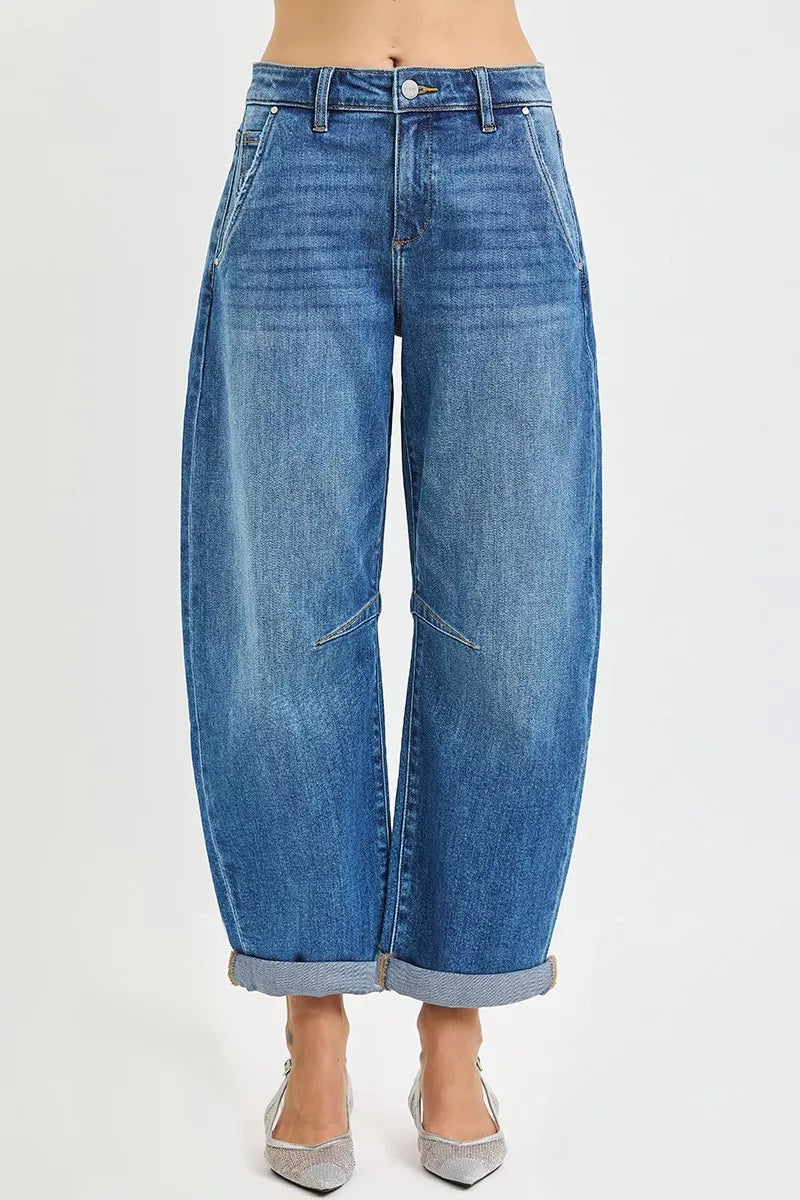 RISEN Jeans - Slouchy Cropped Barrel Jeans With Cuffed Hem - Be Bliss Boutique