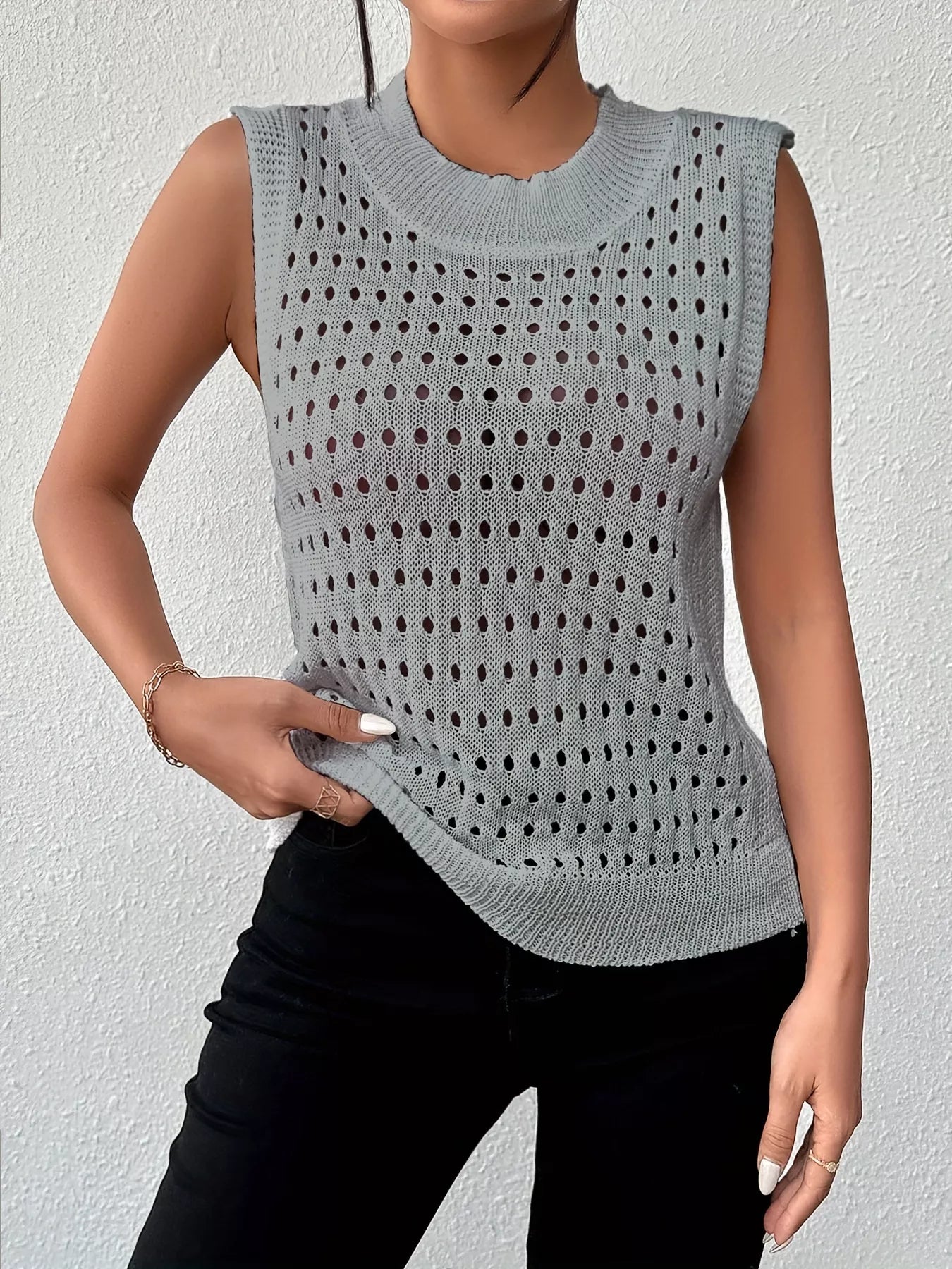 Hollow Out Round Neck Knit Tank -  Be Bliss Boutique