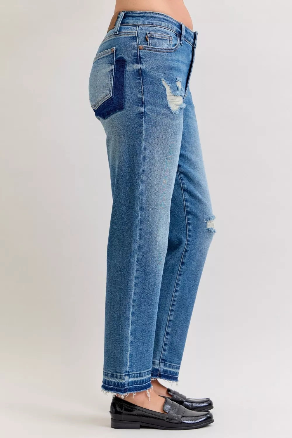 Judy Blue Full Size Mid Rise Bf Patch & Repair Destroy Release Hem Jeans Plus Size - Be Bliss Boutique