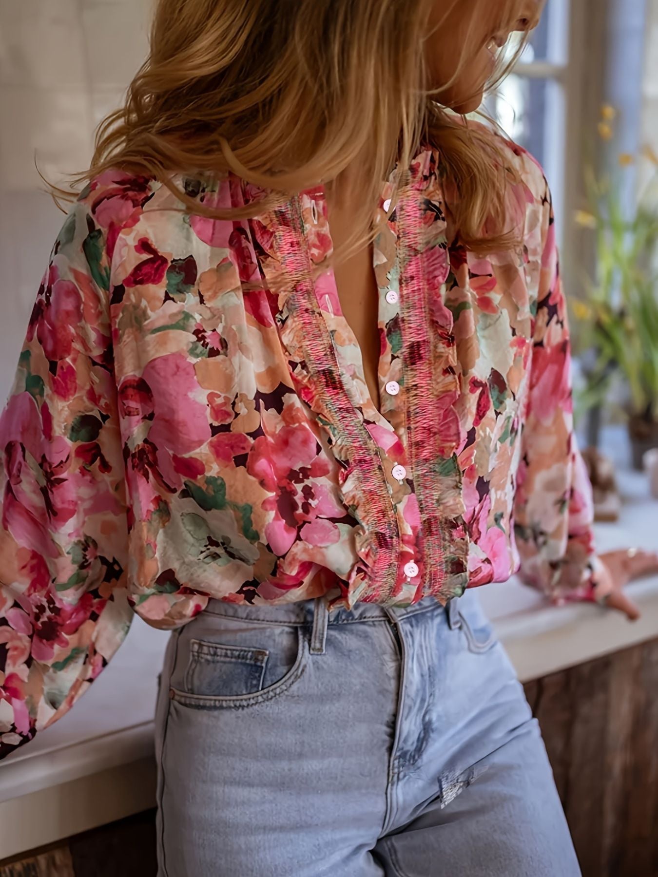 Women's Floral Print Frill Trim Shirt - Be Bliss Boutique