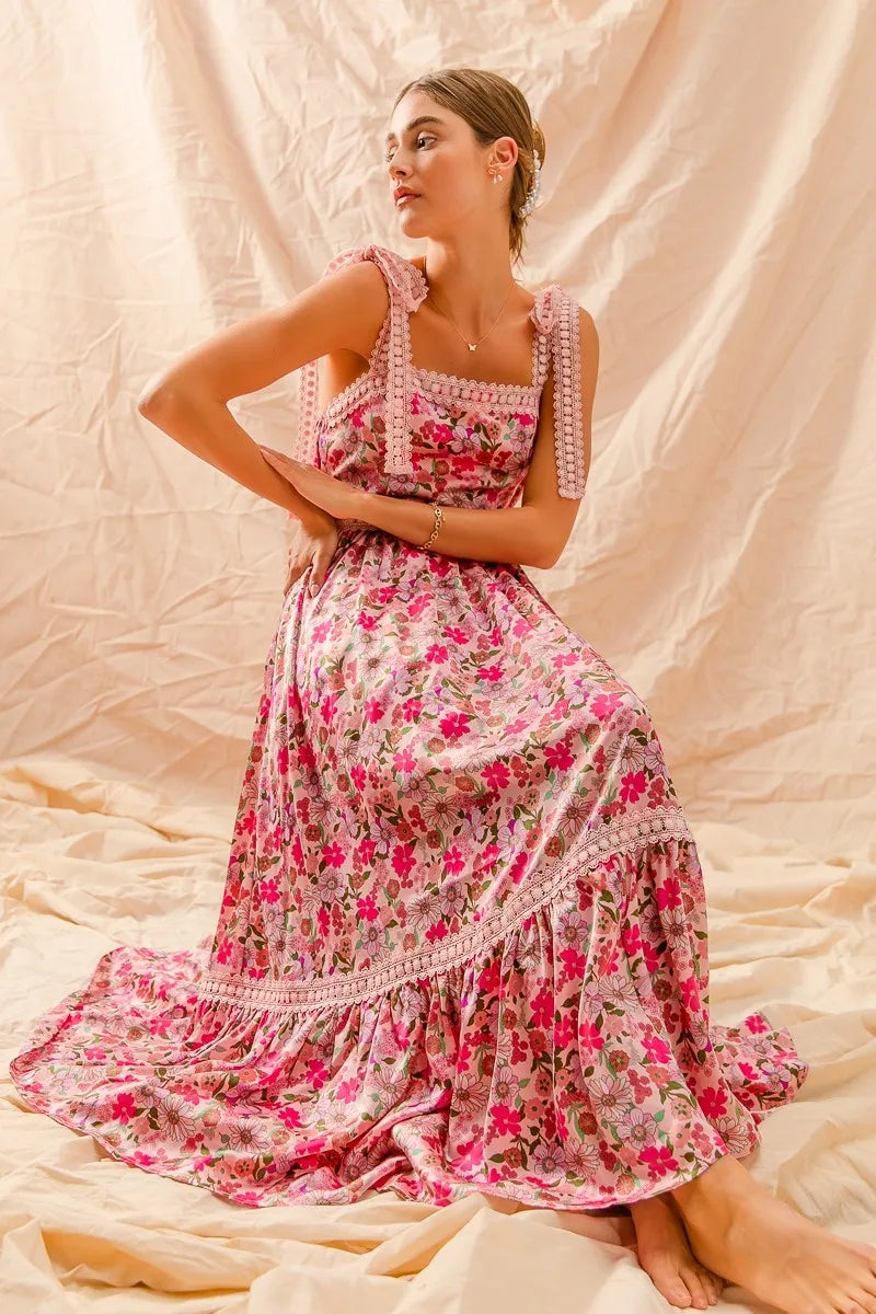 SO ME Floral Maxi Dress With Ribbon Tie Lace Strap -  Be Bliss Boutique
