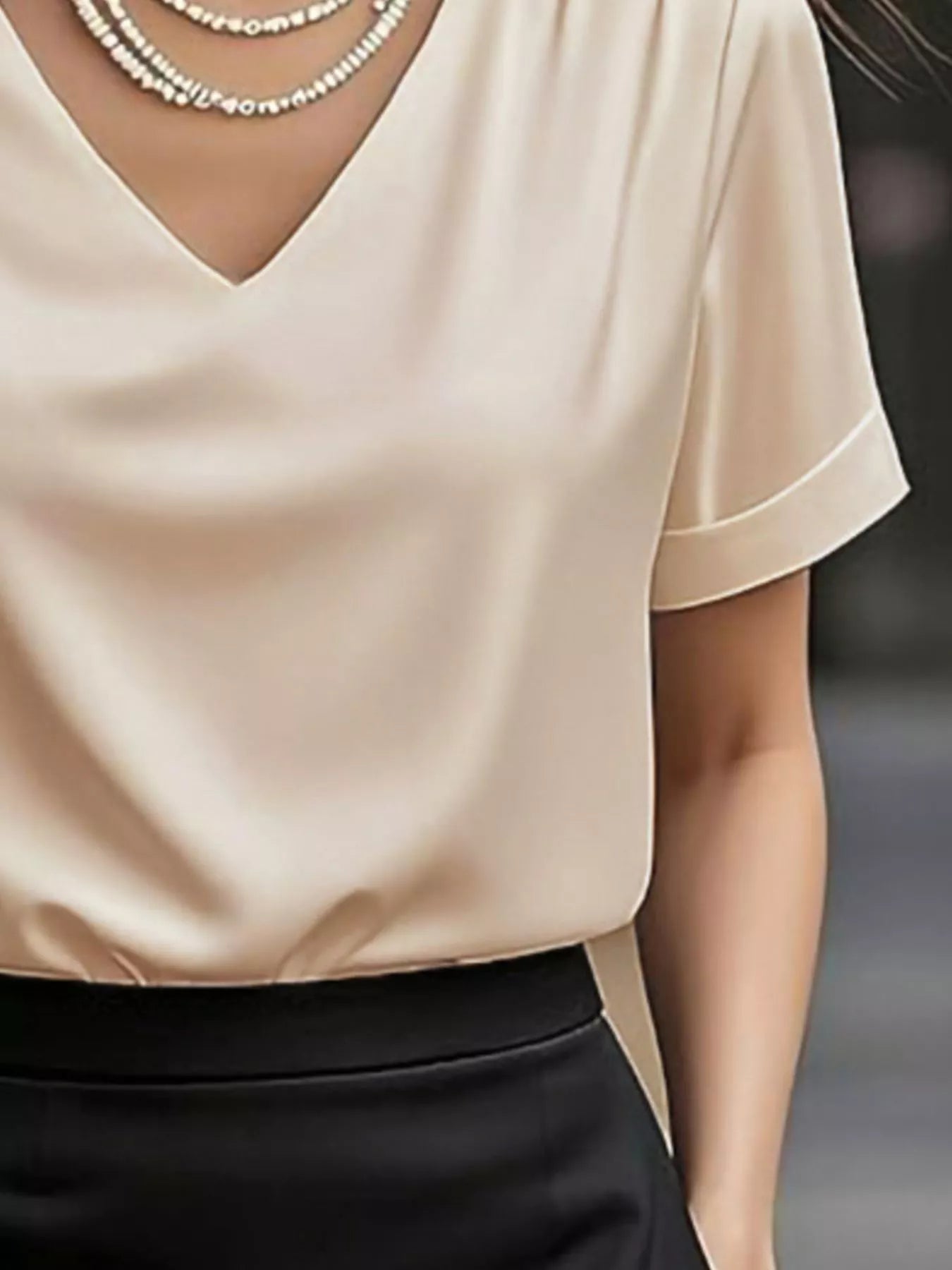 V-Neck Short Sleeve Satin Blouse - Be Bliss Boutique