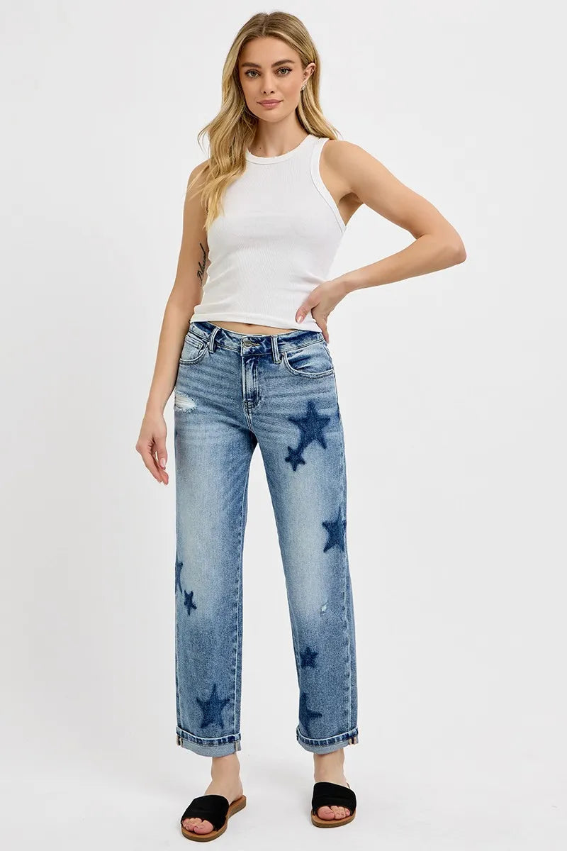 RISEN Full Size Mid Rise Boyfriend Star Shadow Detail Cuffed Jeans Plus Size -  Be Bliss Boutique