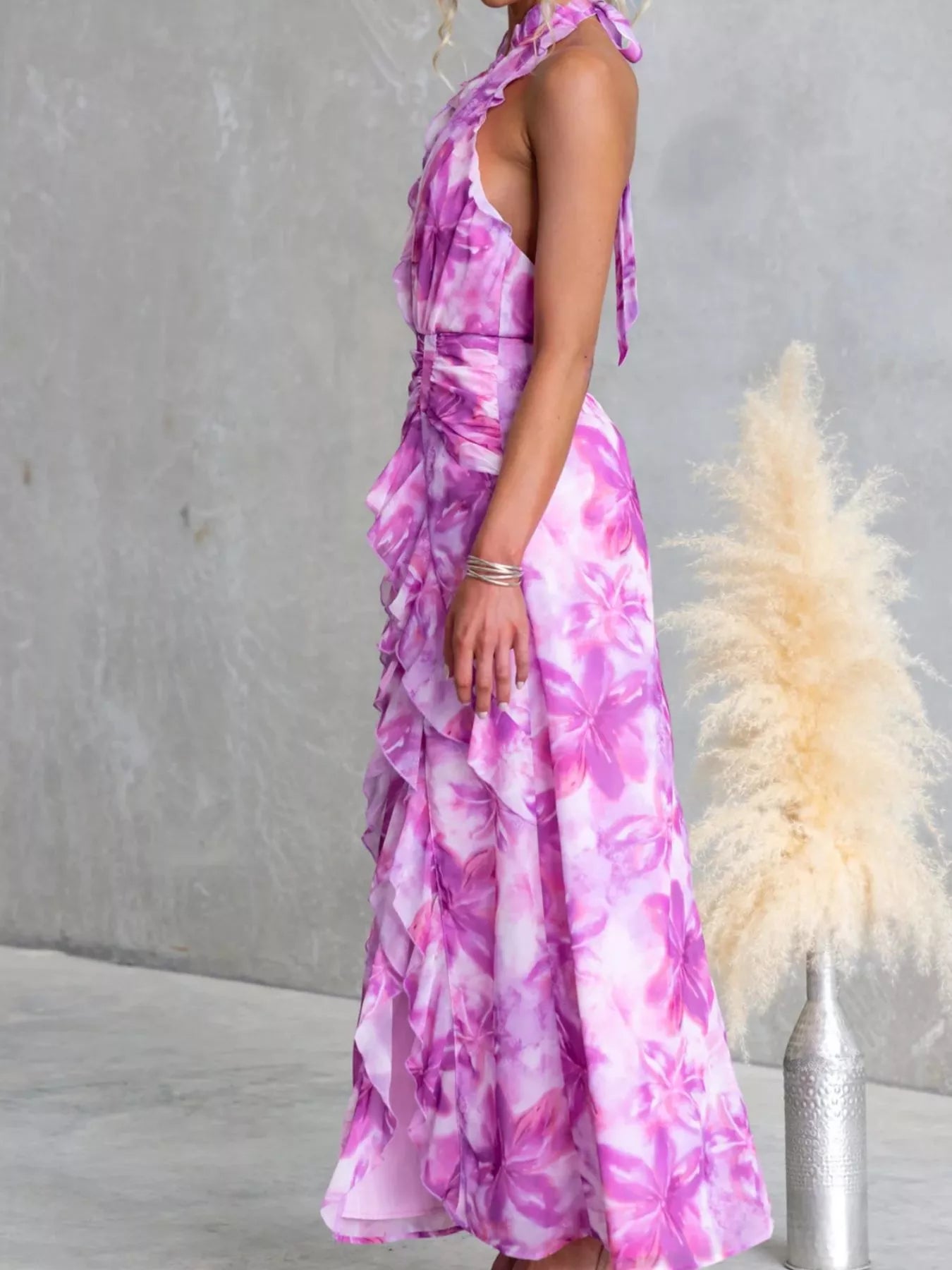 Floral Print Ruffle Halter Neck Maxi Dress - Be Bliss Boutique