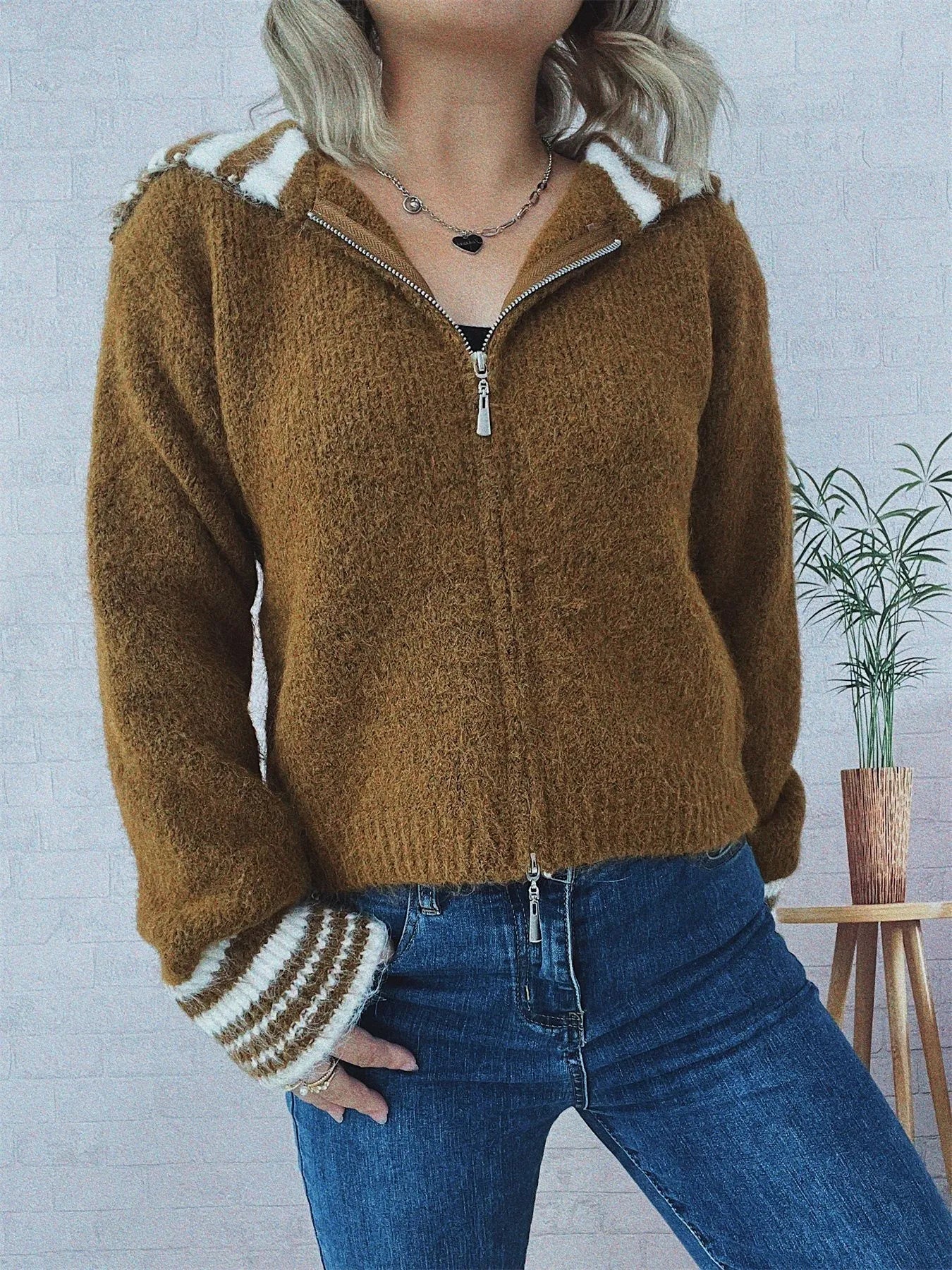 Striped Zip-Up Cardigan -  Be Bliss Boutique