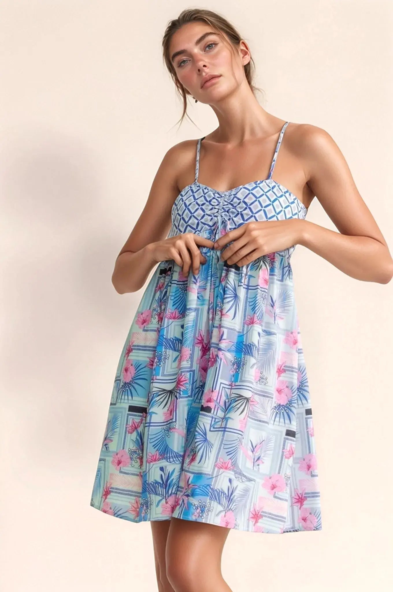 Davi & Dani Tropical Floral Geo Print Tie Back Tube Romper