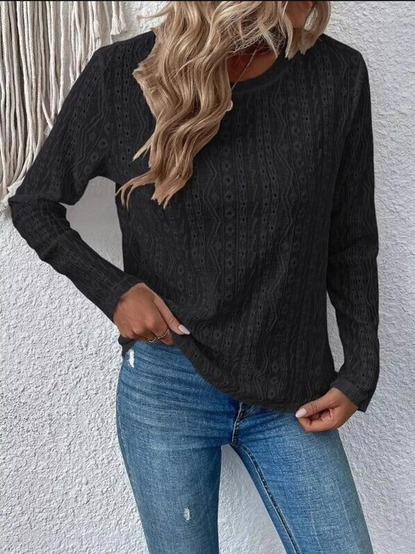Full Size Eyelet Round Neck Long Sleeve Blouse Plus Size -  Be Bliss Boutique