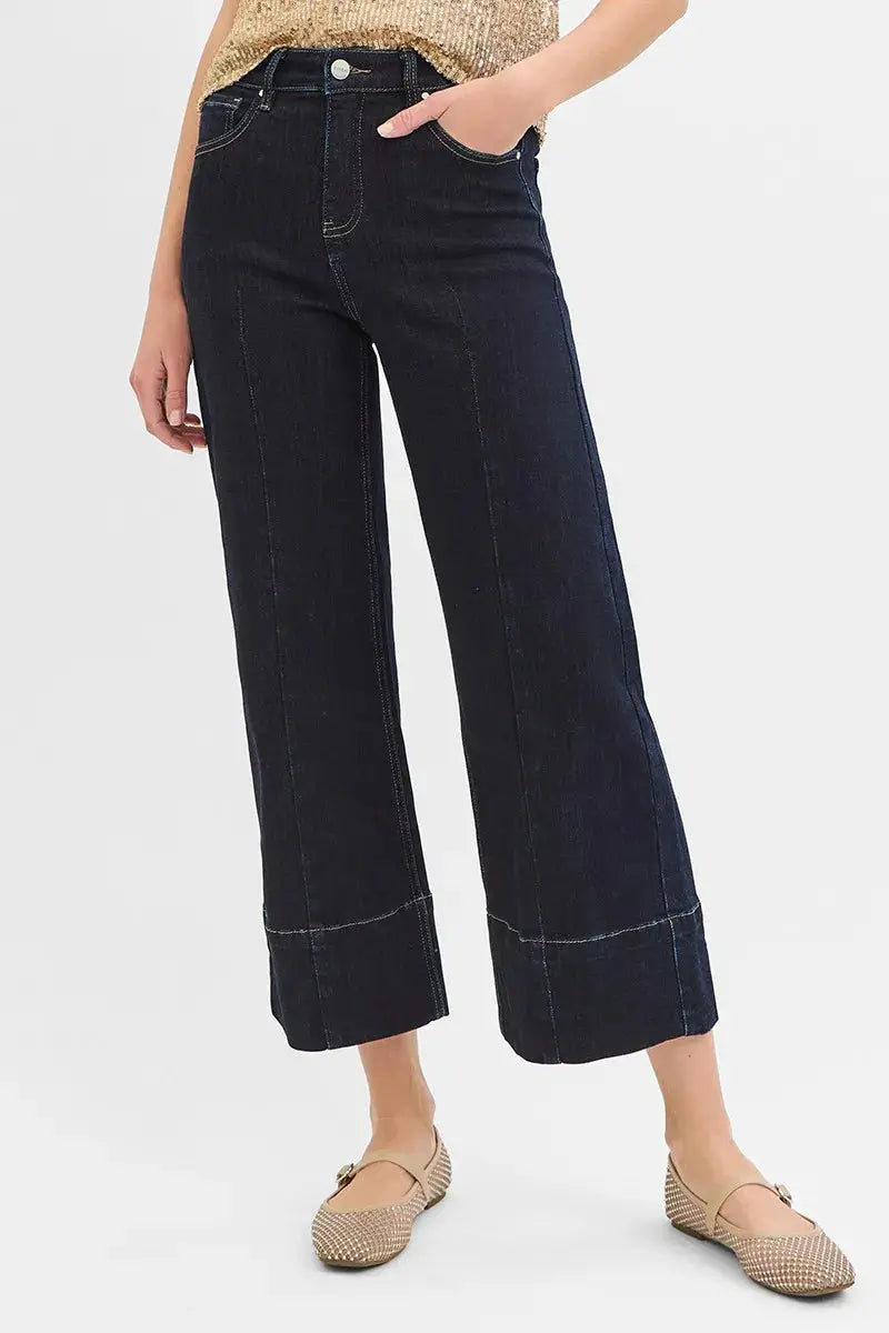 RISEN Tummy Control High Rise Crop Wide Seam Detailed Jeans | Be Bliss Boutique