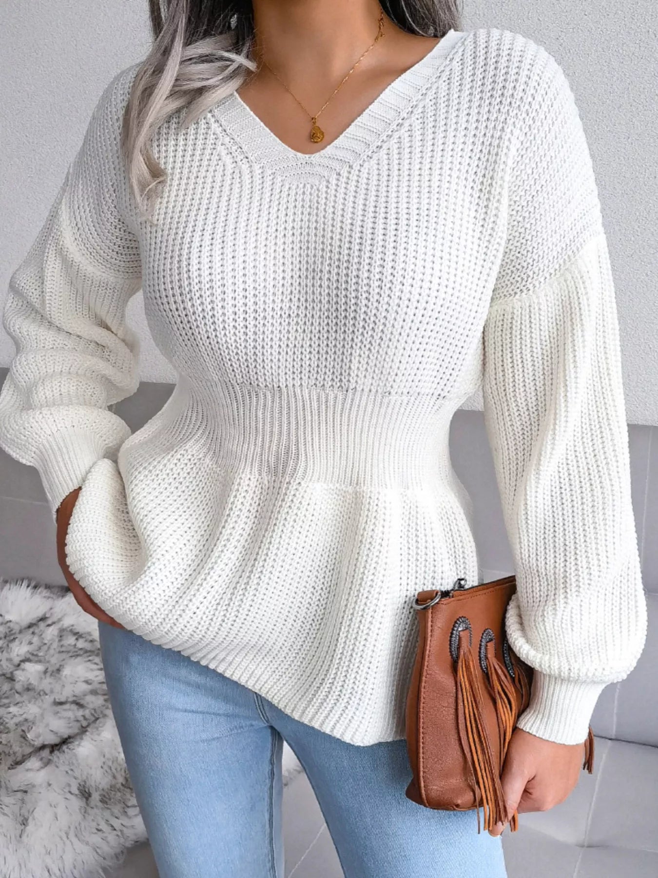 V-Neck Dropped Shoulder Sweater - Be Bliss Boutique