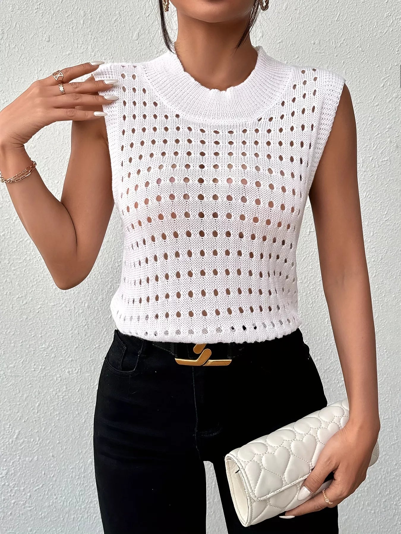 Hollow Out Round Neck Knit Tank -  Be Bliss Boutique