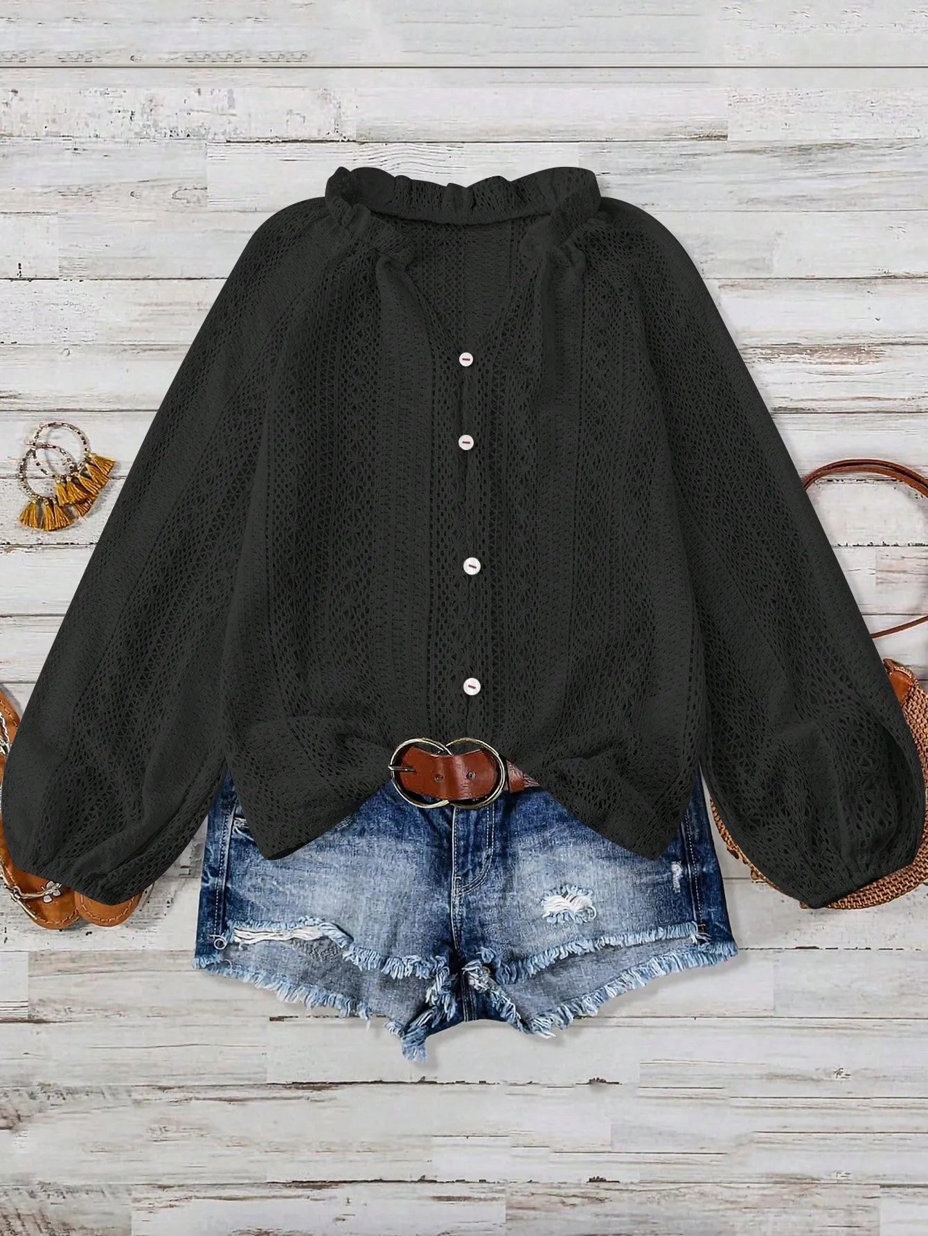 Crochet Notched Button-Front Shirt -  Be Bliss Boutique