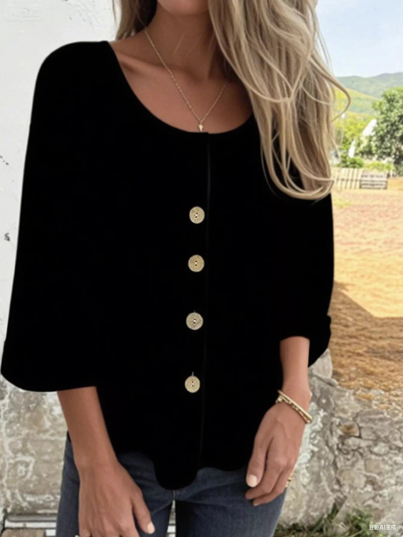 Full Size Button-Front 3/4 Sleeve Casual Blouse Plus Size -  Be Bliss Boutique