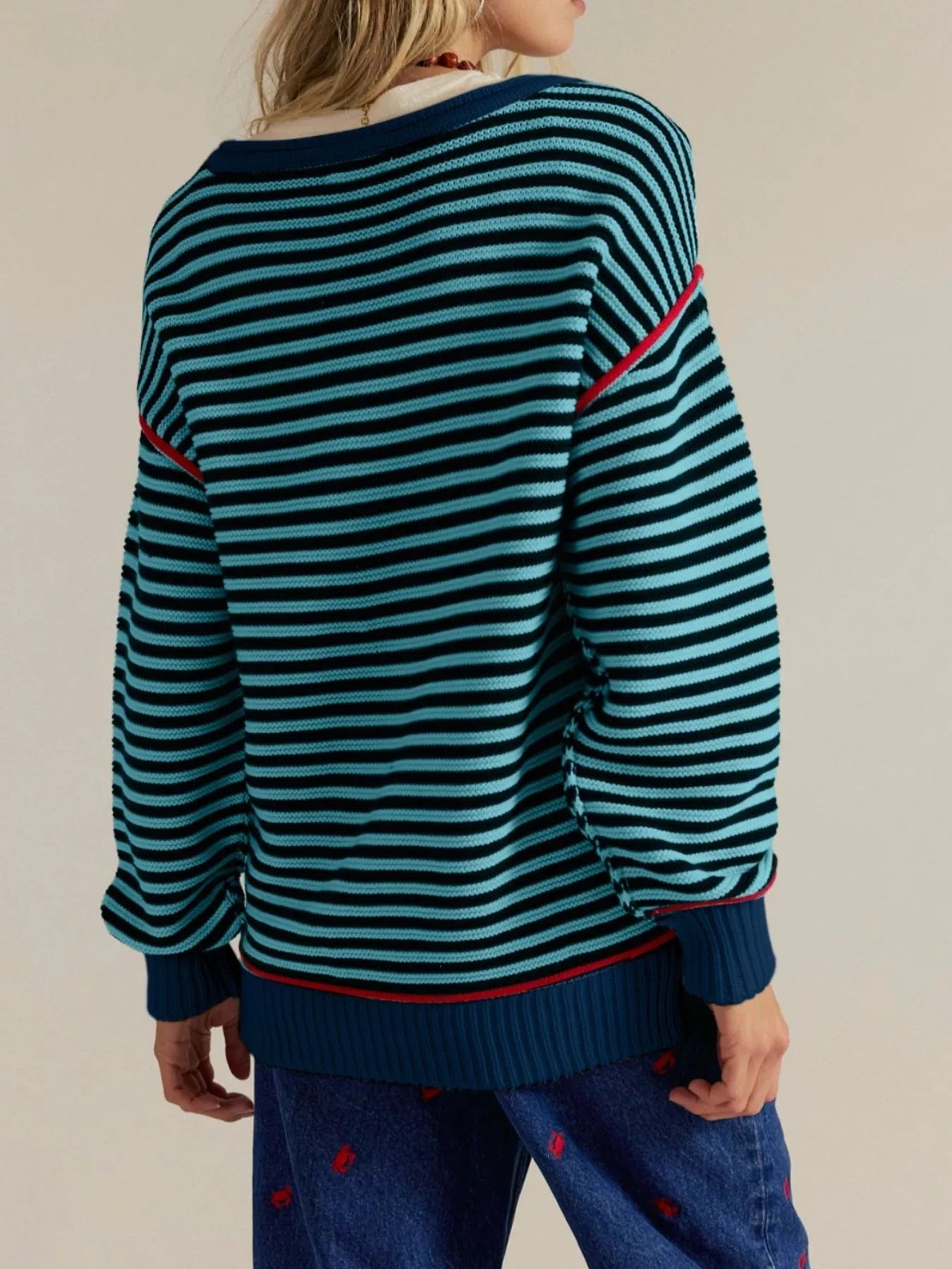 Striped Round Neck Long Sleeve Sweater -  Be Bliss Boutique
