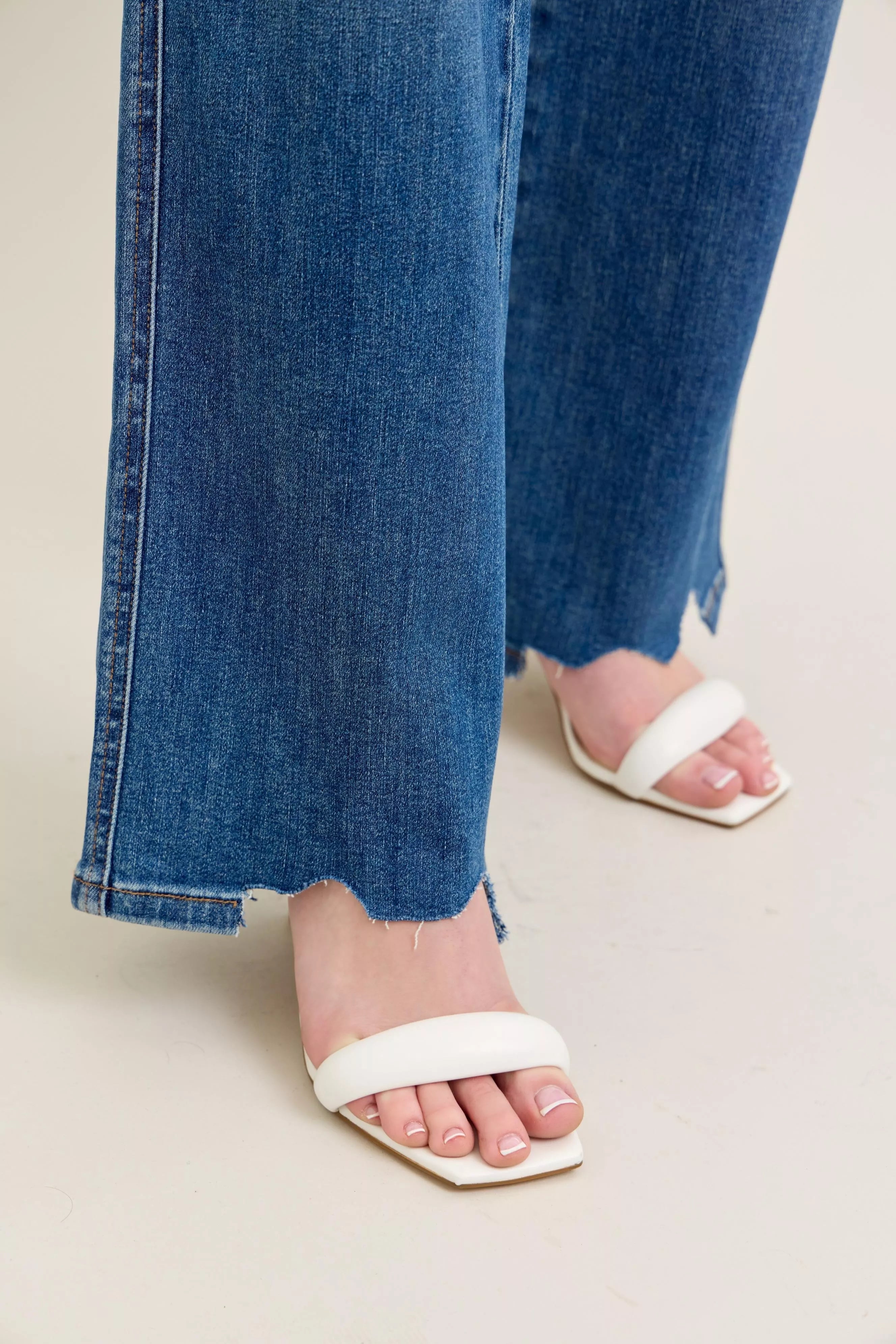 Judy Blue Full Size High Waist Tummy Control Chew Hem Destroy Wide Jeans Plus Size - Be Bliss Boutique