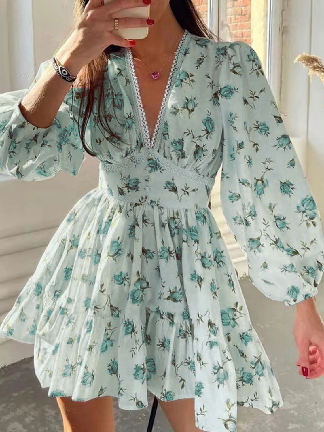 Lace Detail V-Neck Balloon Sleeve Dress - Be Bliss Boutique