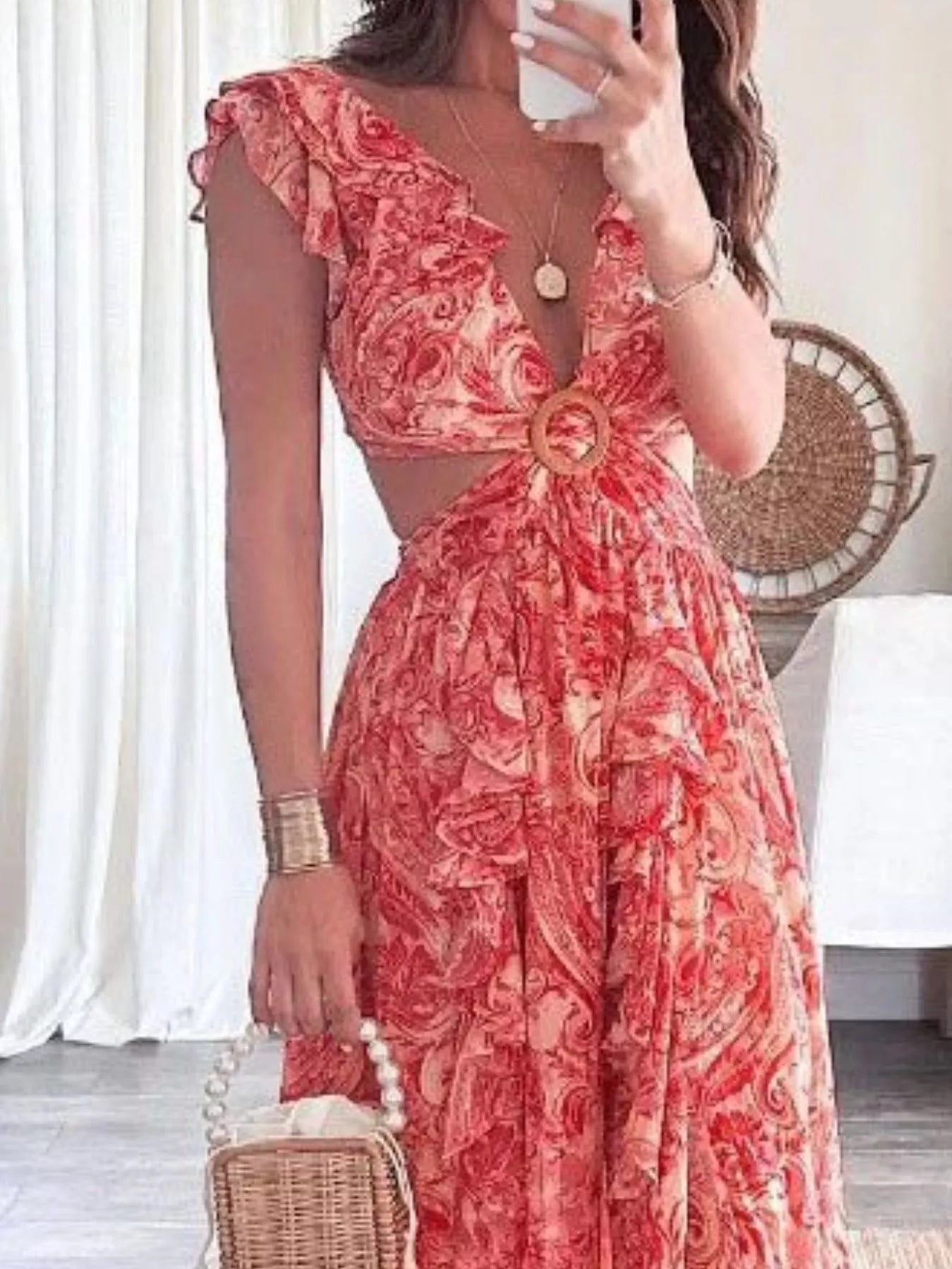 Full Size Ruffled Cutout V Neck Maxi Dress - Be Bliss Boutique