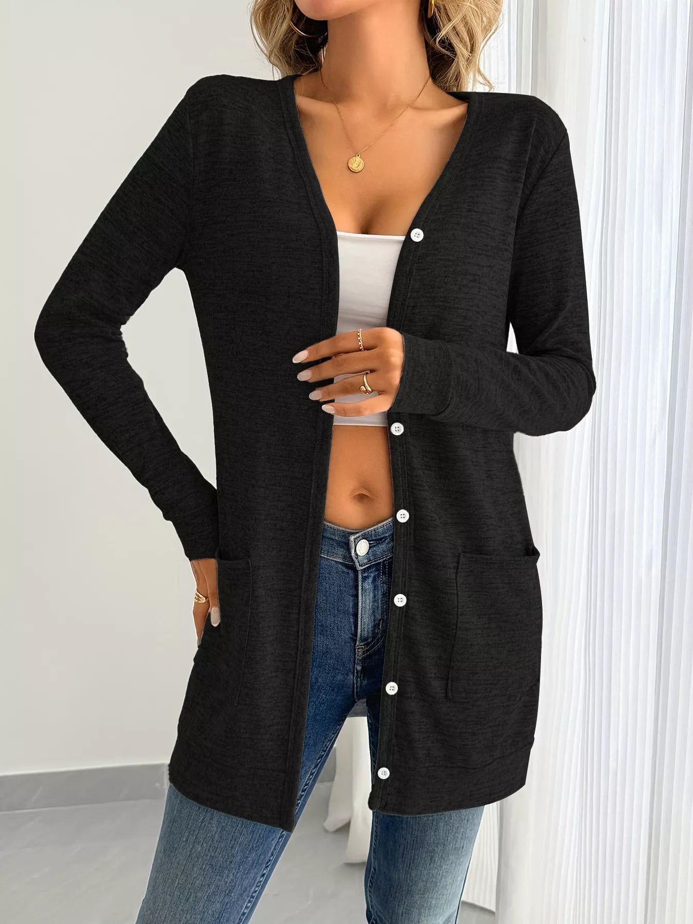 Open Front Longline Cardigan with Side Pockets -  Be Bliss Boutique
