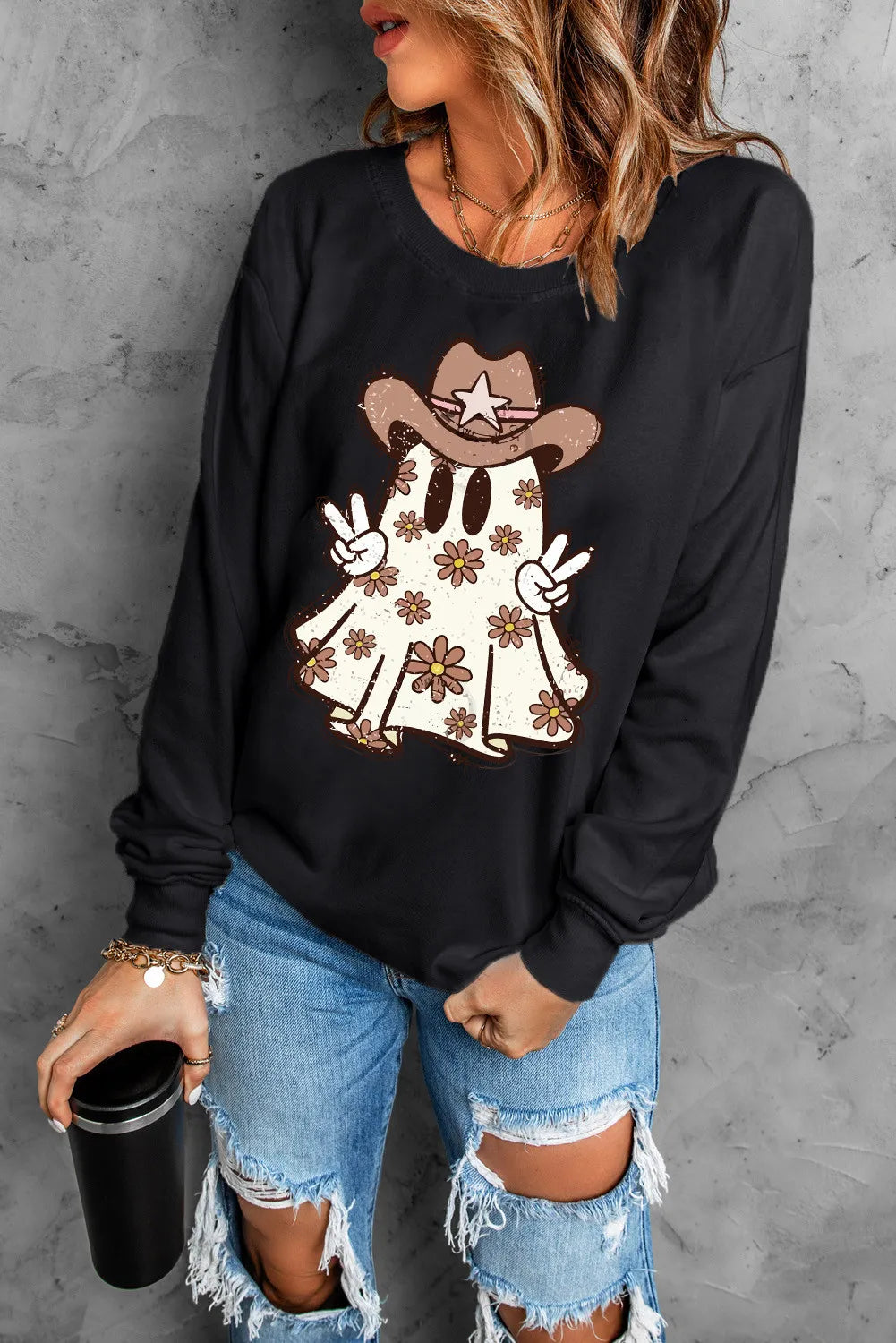 Ghost Round Neck Long Sleeve Sweatshirt -  Be Bliss Boutique